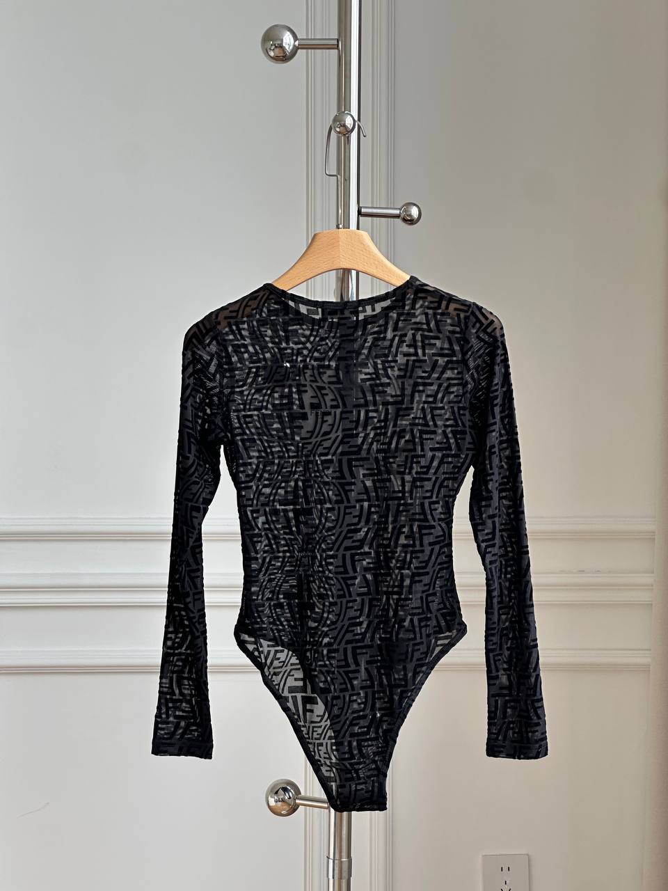 Fendi FF Logo Flocked Mesh Long-Sleeve Bodysuit