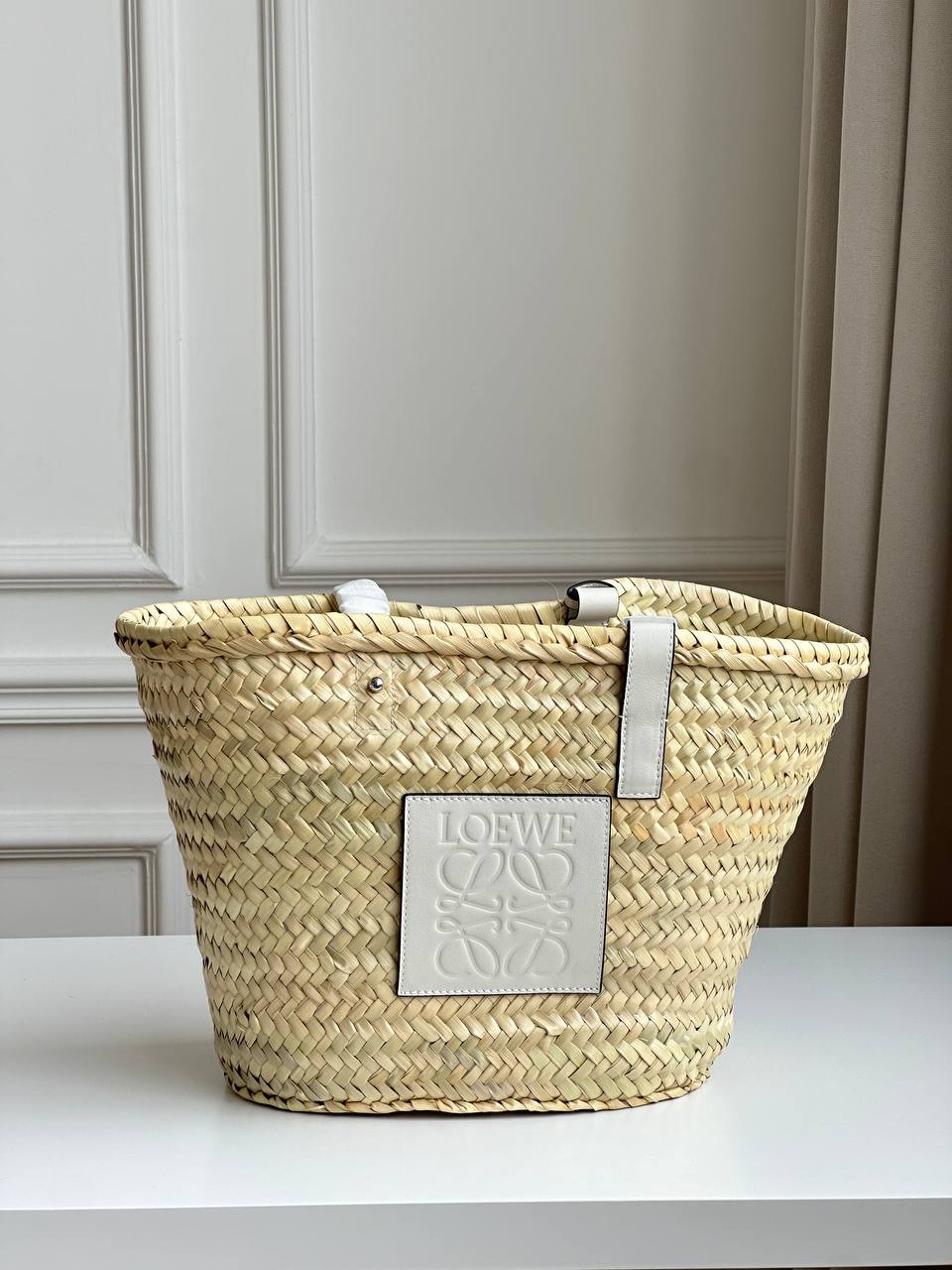 LOEWE Natural Palm Leaf & Off-White Leather Anagram Embossed Basket Tote Bag