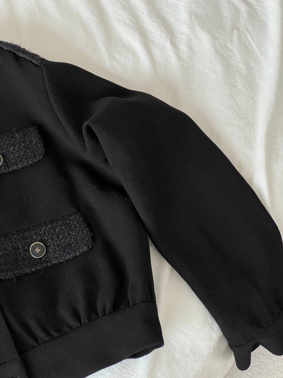 Chanel Black Woven Fabric Jacket With Tweed Splicing, Stand Collar, Four Pockets & Metal Buttons
