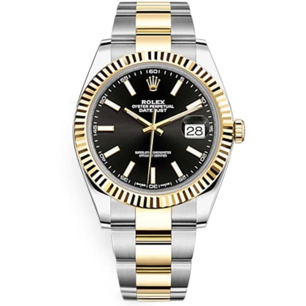 Rolex Oyster Perpetual Datejust 41 Watch, two-tone Oyster bracelet, Black dial, Fluted Bezel【1:1 Replica】