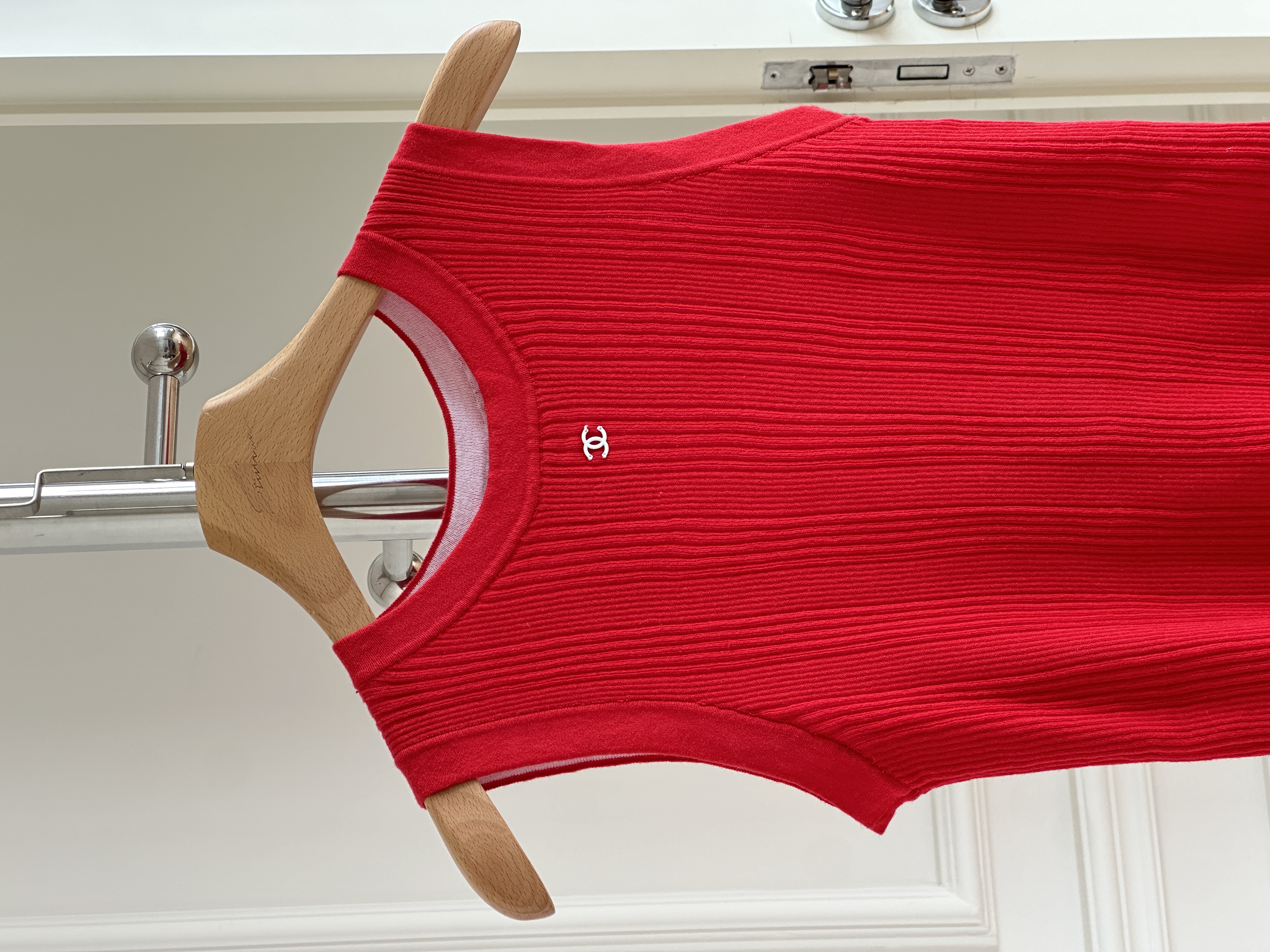 Chanel Bright Red Crew Neck Vertical Ribbed CC Logo Slim Knit Tank Top