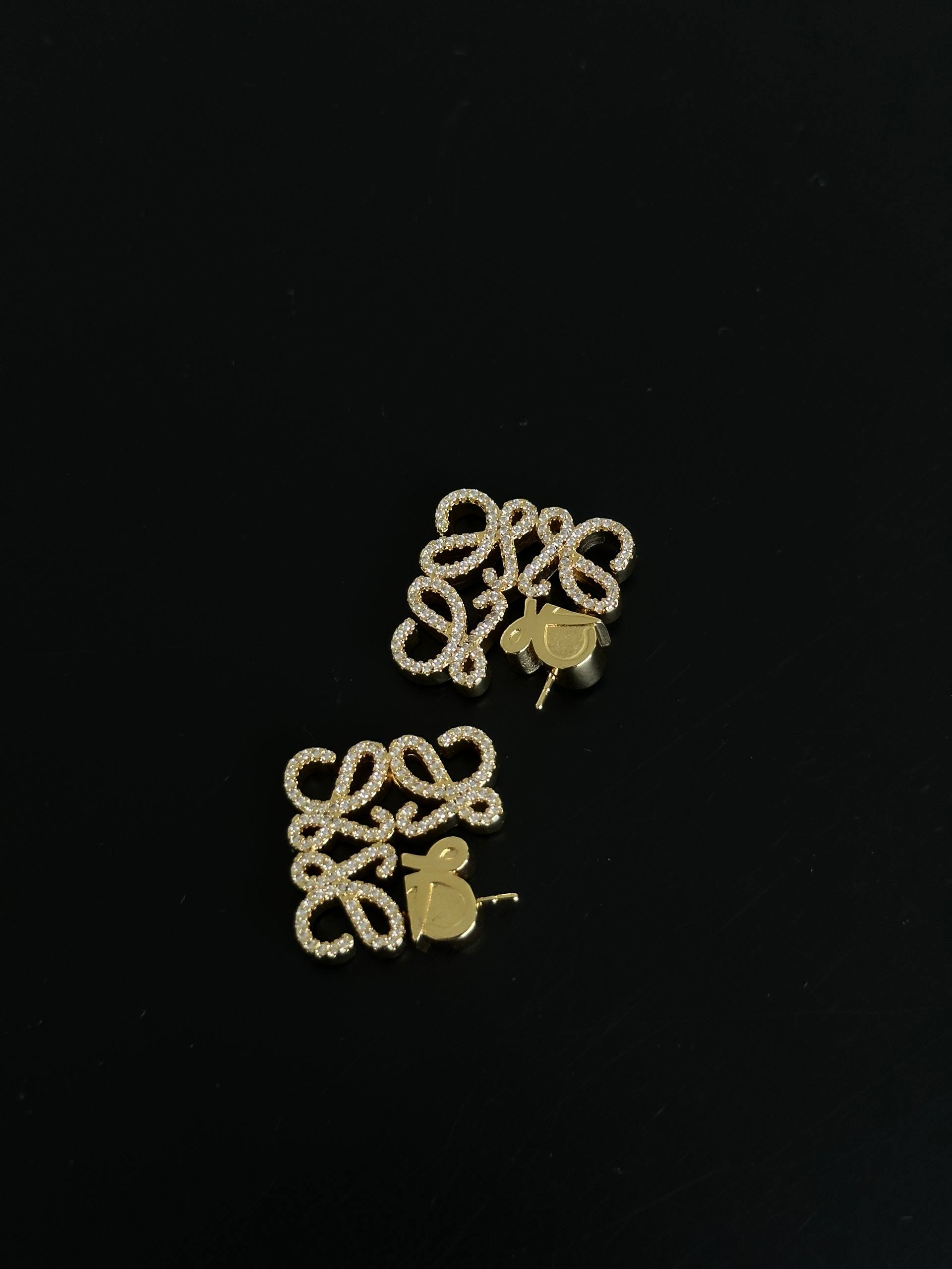 LOEWE Gold Paved Crystal Hollow Anagram Square Stud Earrings