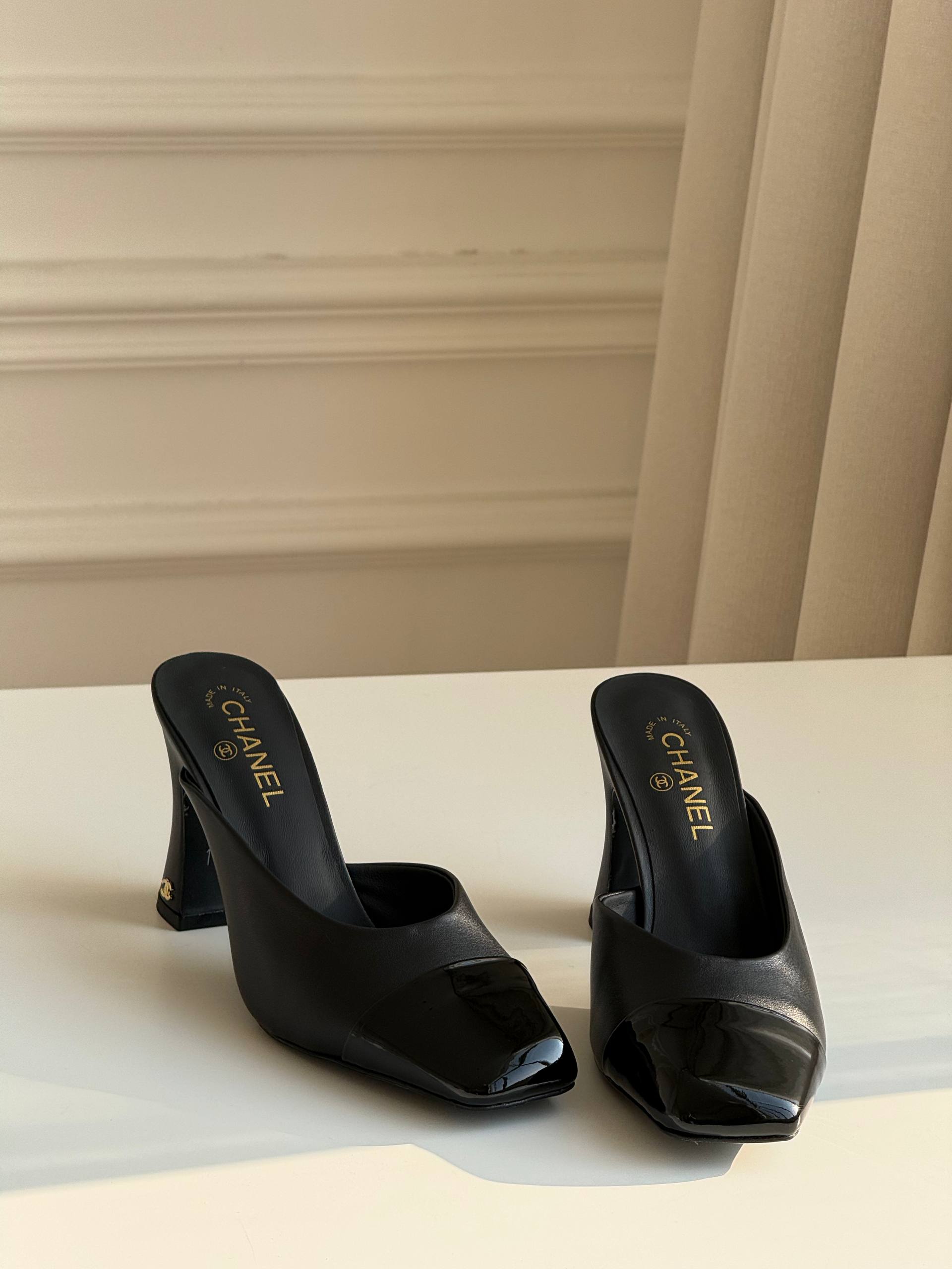 Chanel Two-Tone Square-Toe Block Heel Mules