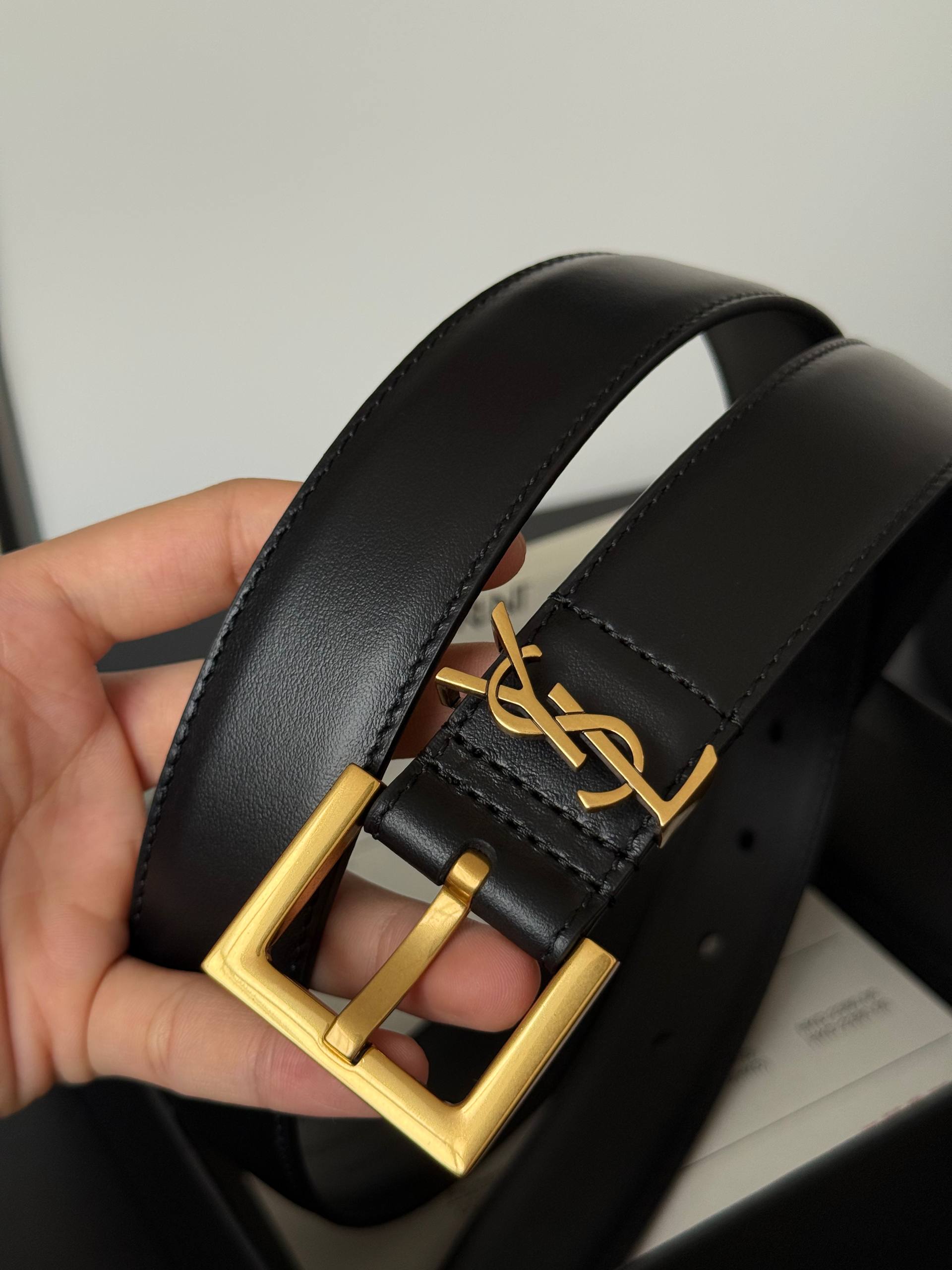 YSL Vintage Gold Pin Buckle Logo Genuine Leather Belt