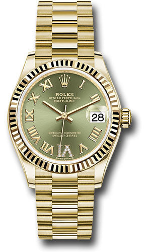 Rolex Yellow Gold Datejust 31 Watch - Fluted Bezel - Olive Green Diamond Six Dial - President Bracelet - 278278 ogdr6p【1:1 Replica】