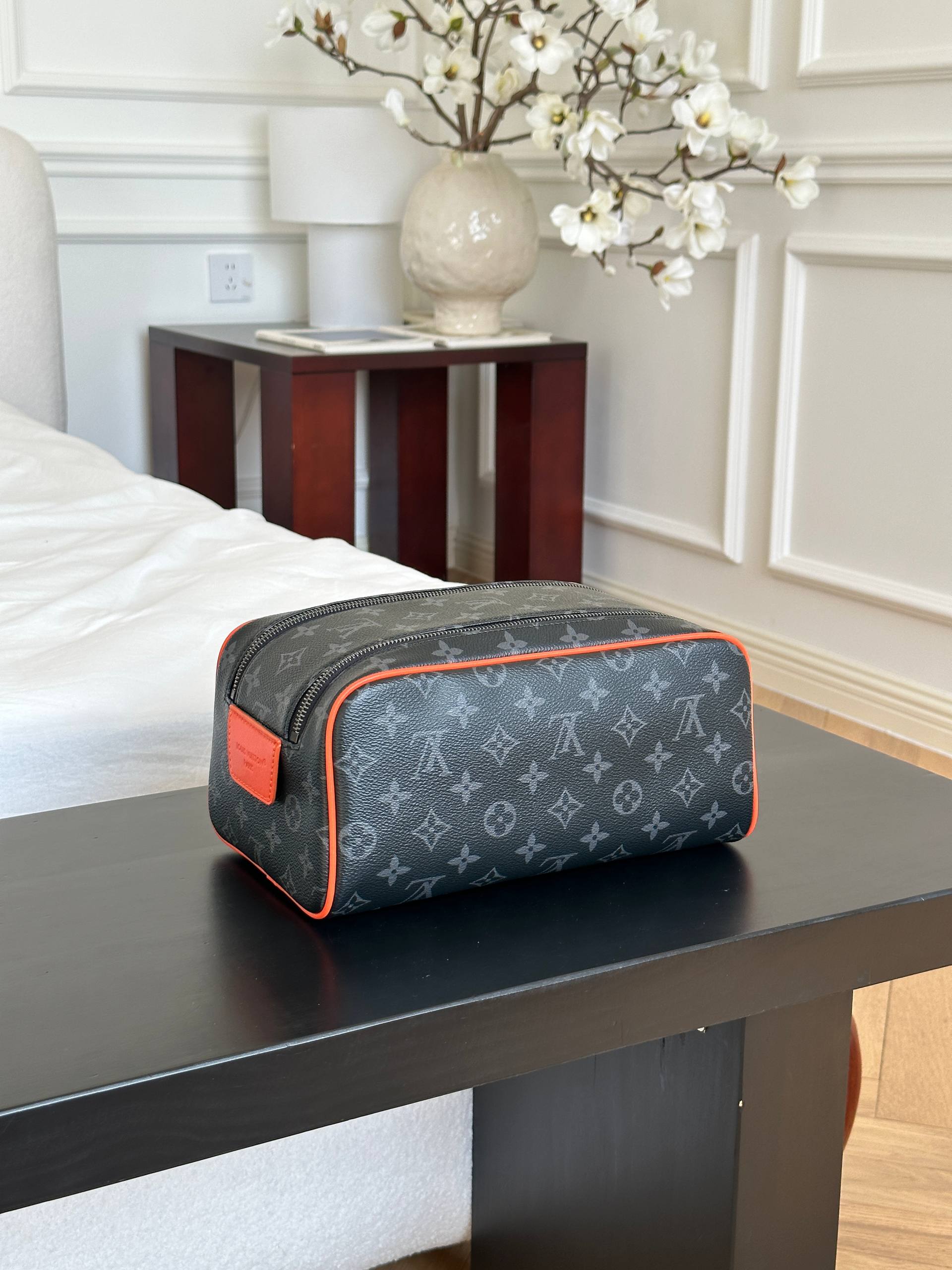 Louis Vuitton Monogram Eclipse Dopp Kit Toiletry Bag with Orange Edge