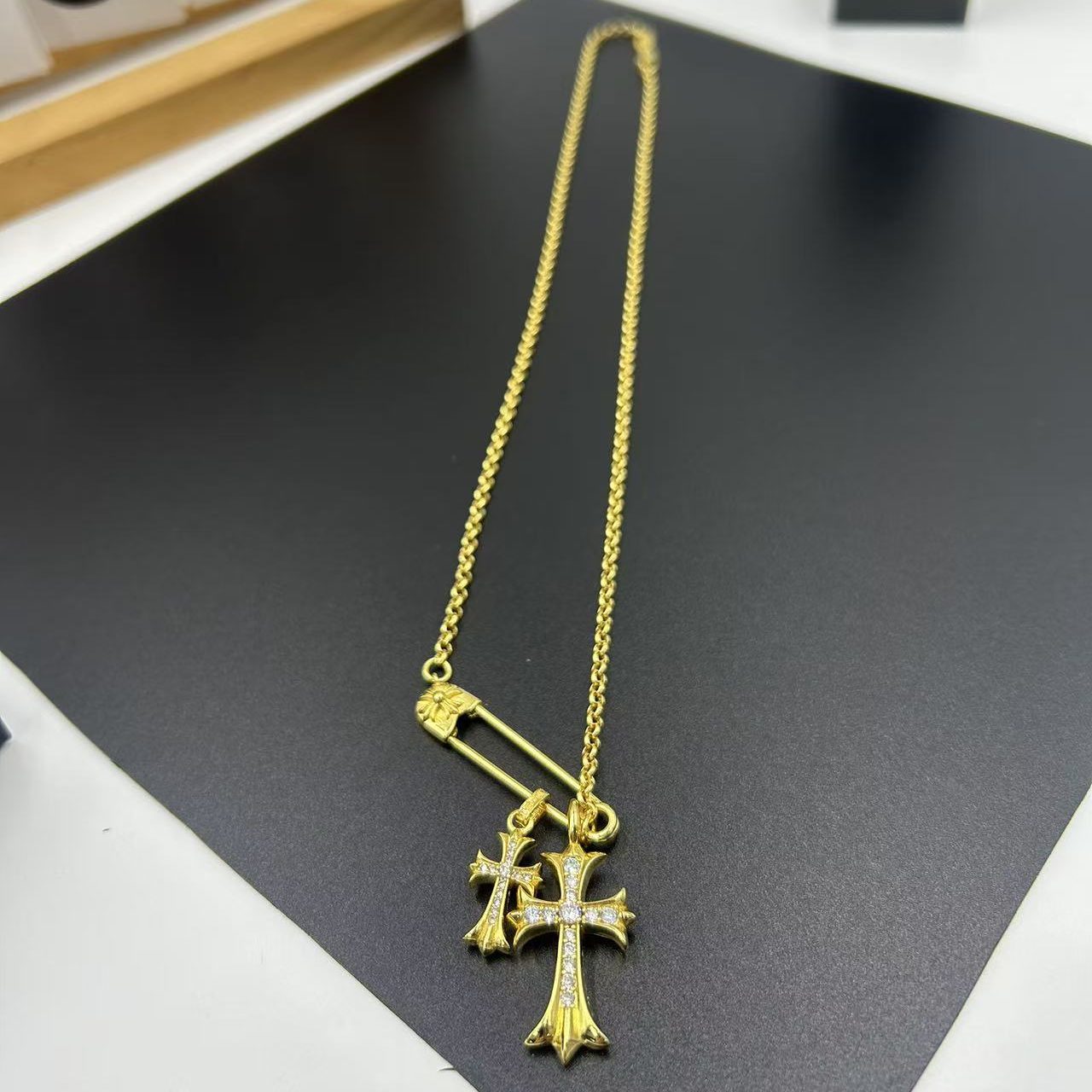CHROME HEARTS 22K GOLD DOUBLE CROSS PENDANT NECKLACE WITH FULL DIAMOND EMBELLISHMENT