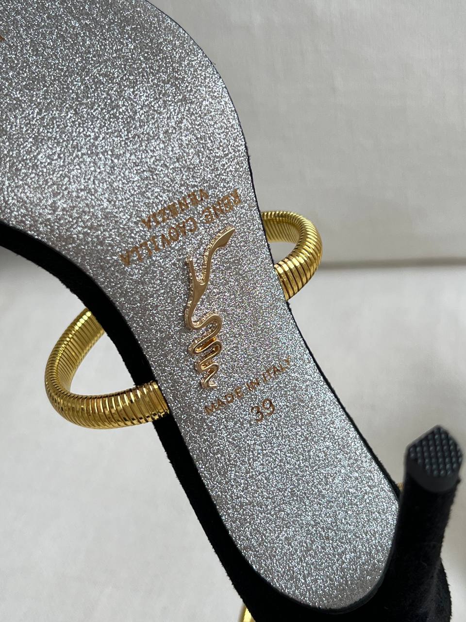 Rene Caovilla Black Velvet Gold Snake Wrap Stiletto Sandals