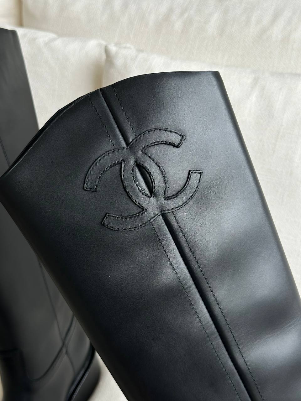 Chanel Black Calfskin Embossed CC Low Heel Knee-High Riding Boots