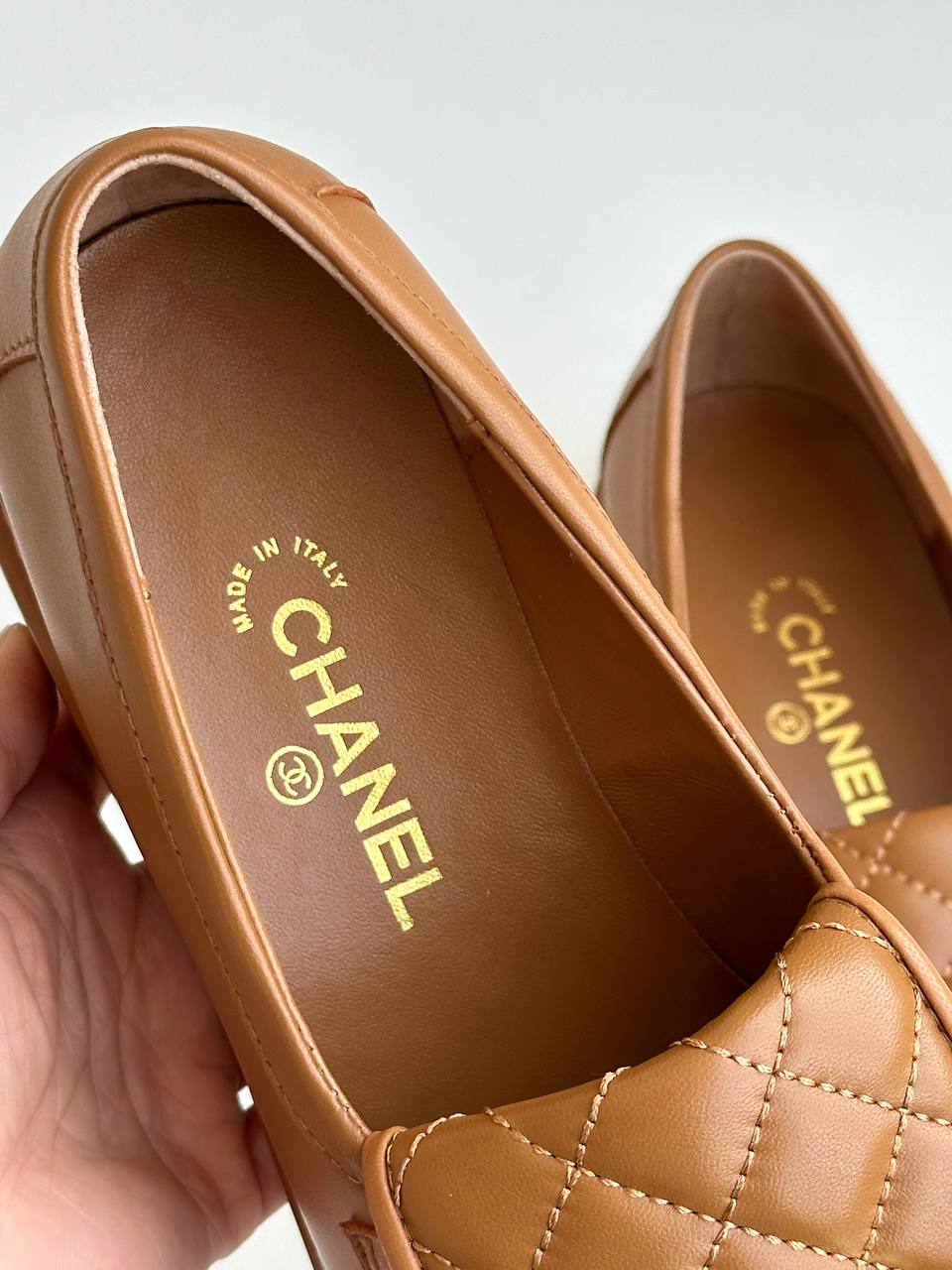 Chanel Caramel Brown Smooth Calfskin Quilted Flap Turn-Lock Gold CC Low-Heel Loafers