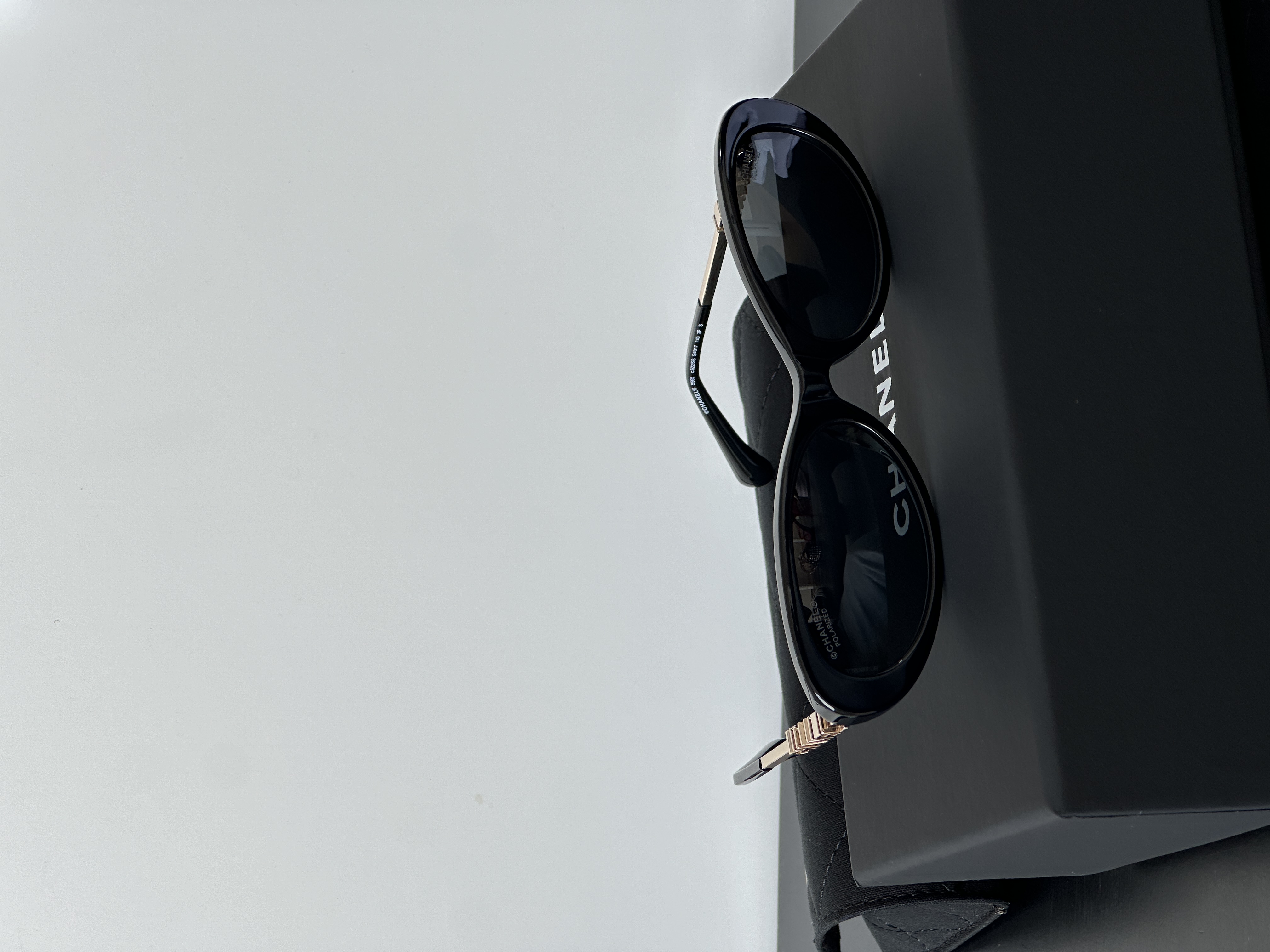 Chanel Black Oval Acetate Chain Temple Polarized Sunglasses