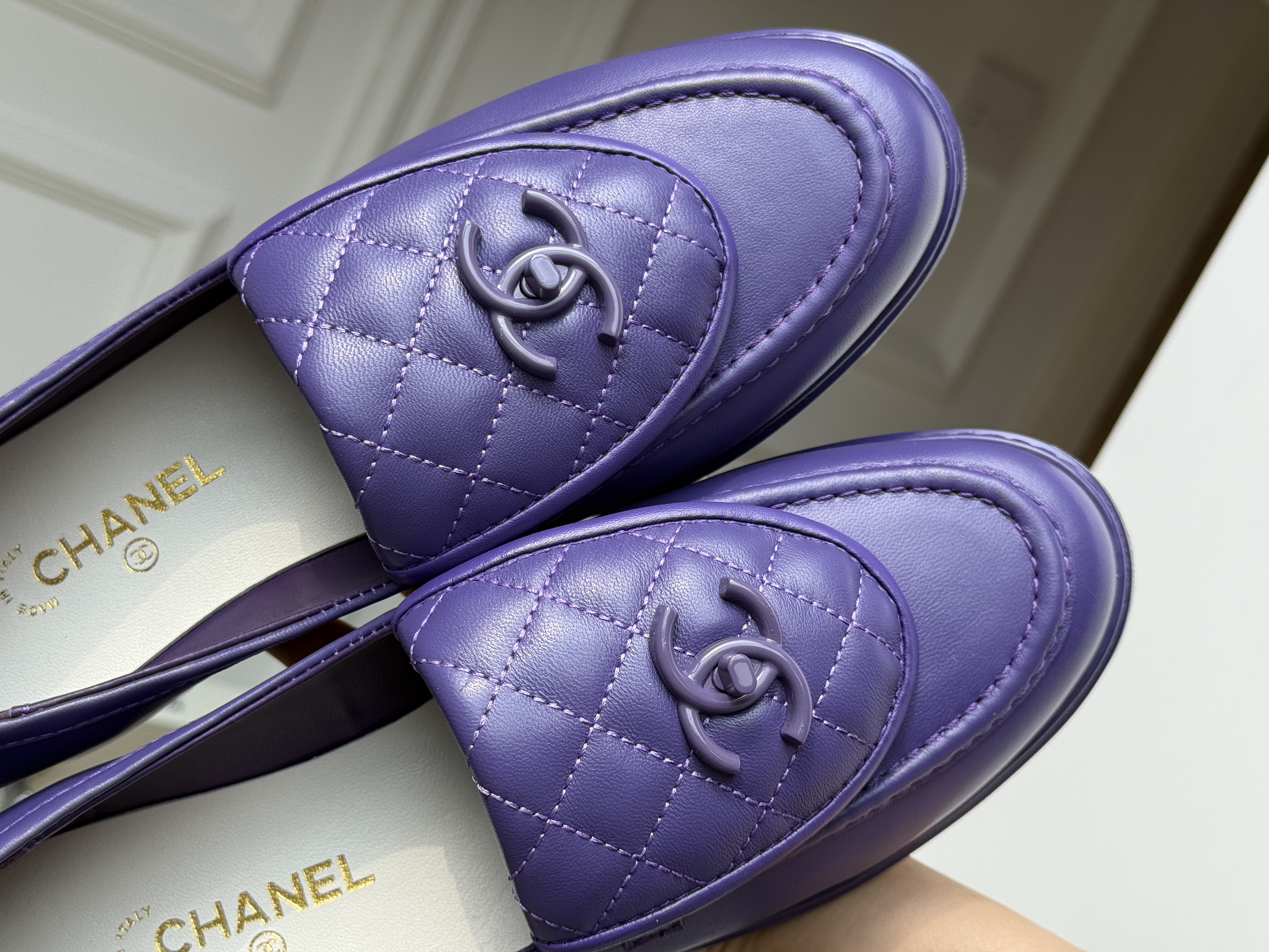Chanel Purple Smooth Lambskin Quilted CC Logo Low Block Heel Loafers