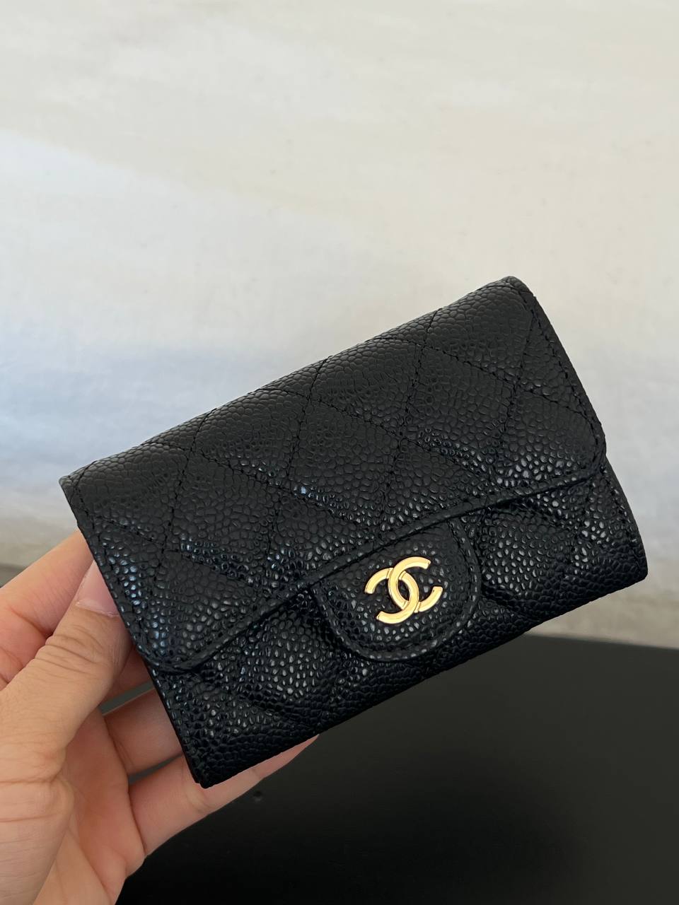 Chanel Black Caviar Leather Quilted Flap Card Holder With Gold CC Logo