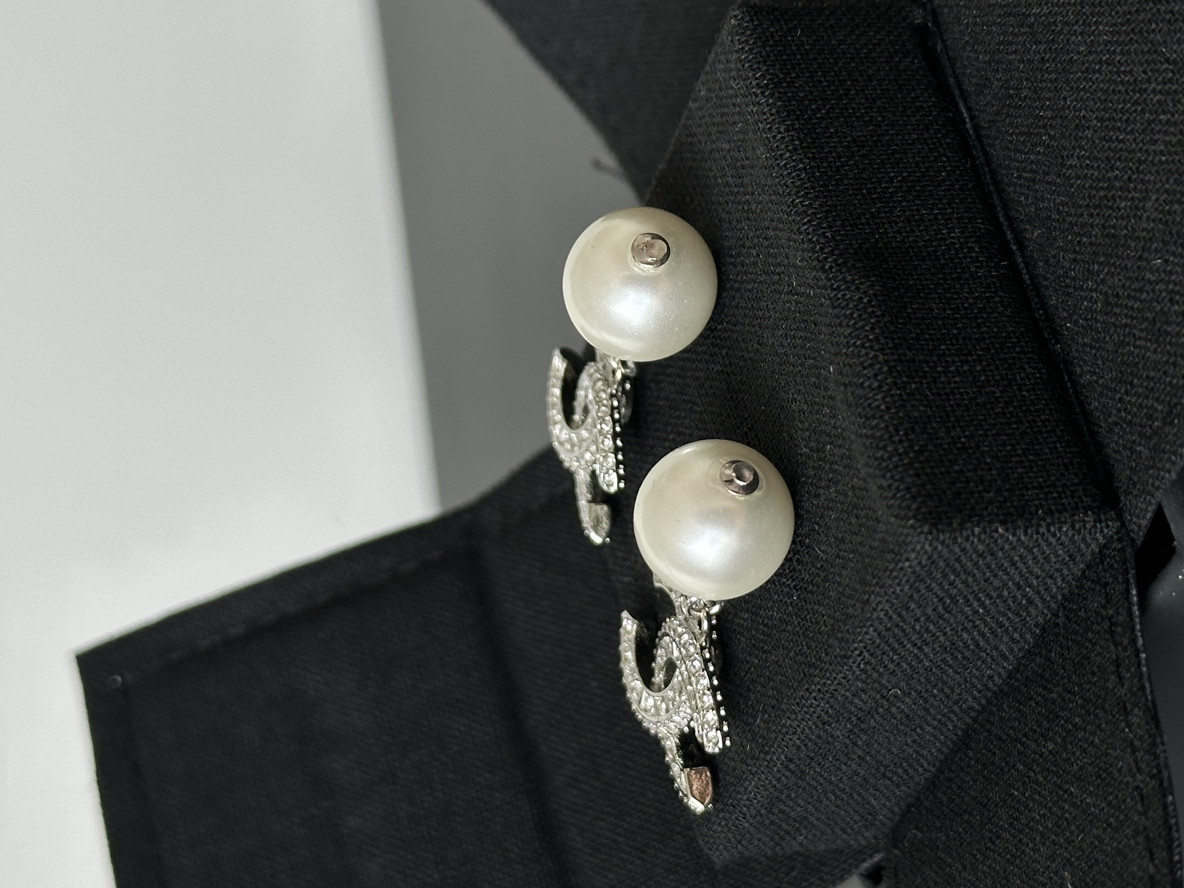 CHANEL Crystal CC Logo Faux Pearl Drop Earrings