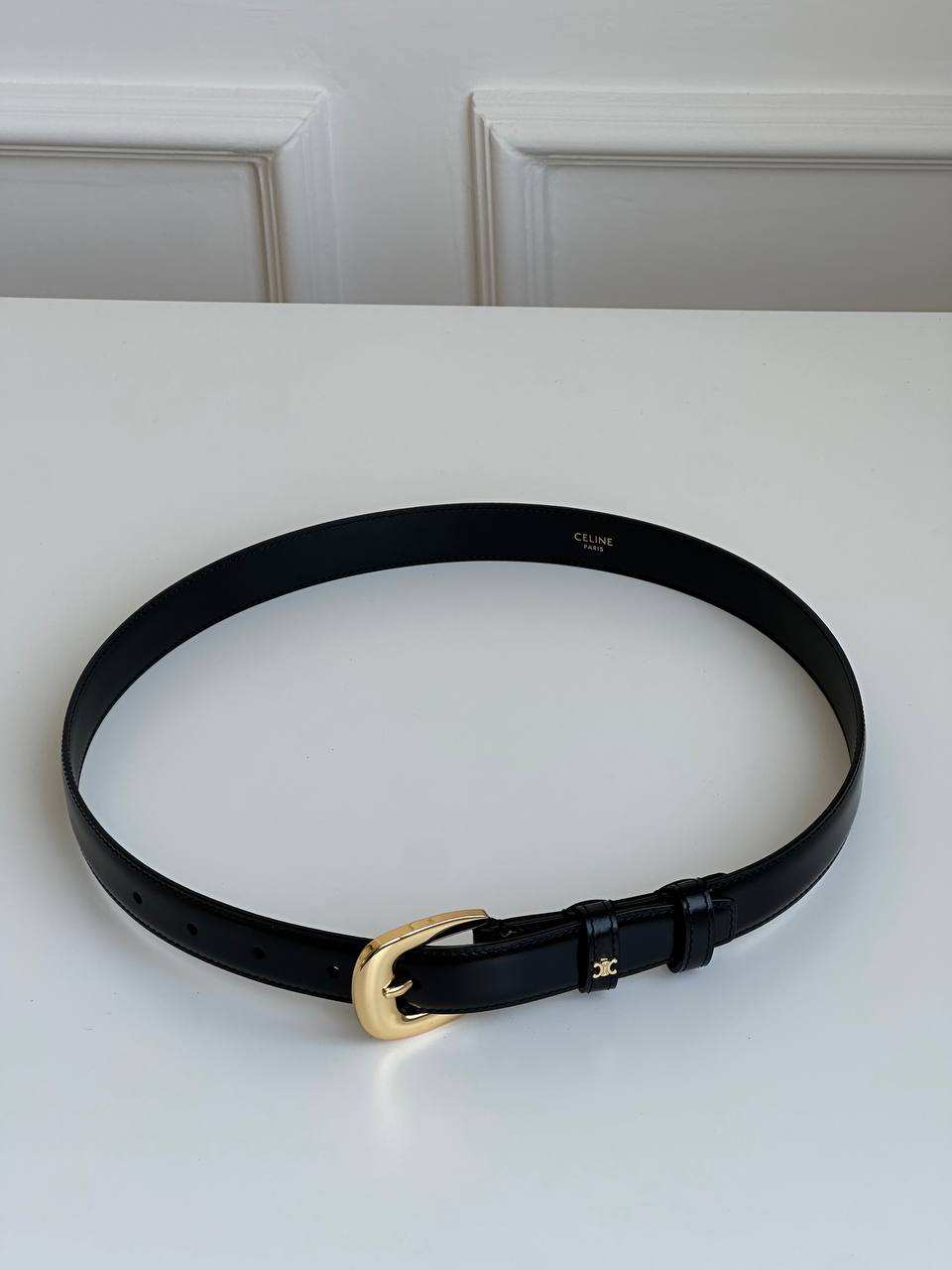 Celine Black Smooth Calfskin Thin Belt With Gold Horseshoe Buckle & Triomphe Ornament