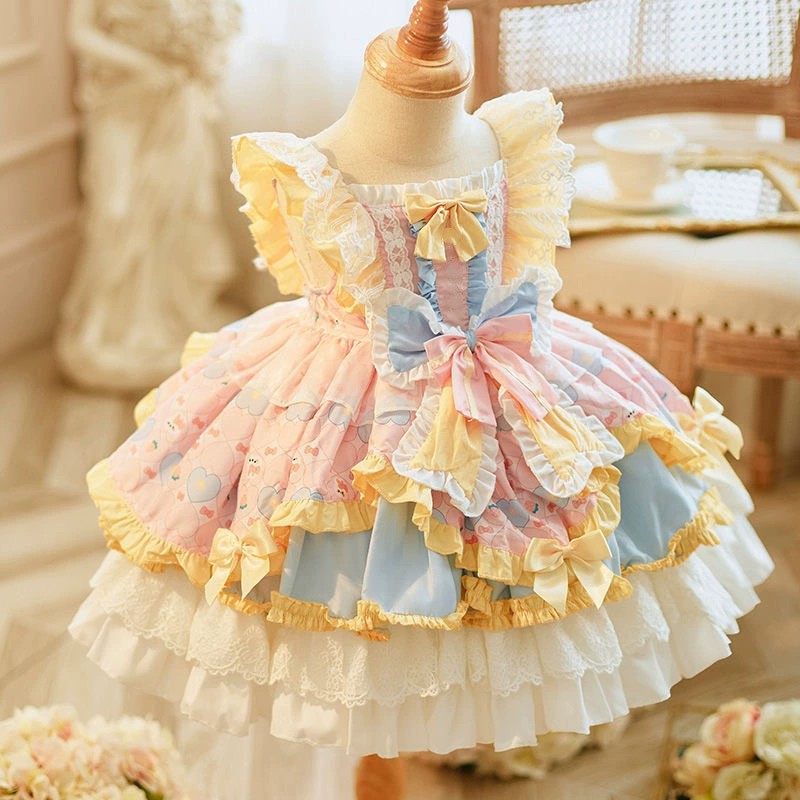 Pastel Pink Blue Lolita Dress Lace Ruffle Tiered Skirt Formal Outfit for Small Dogs Cats - MAISONKAIRON