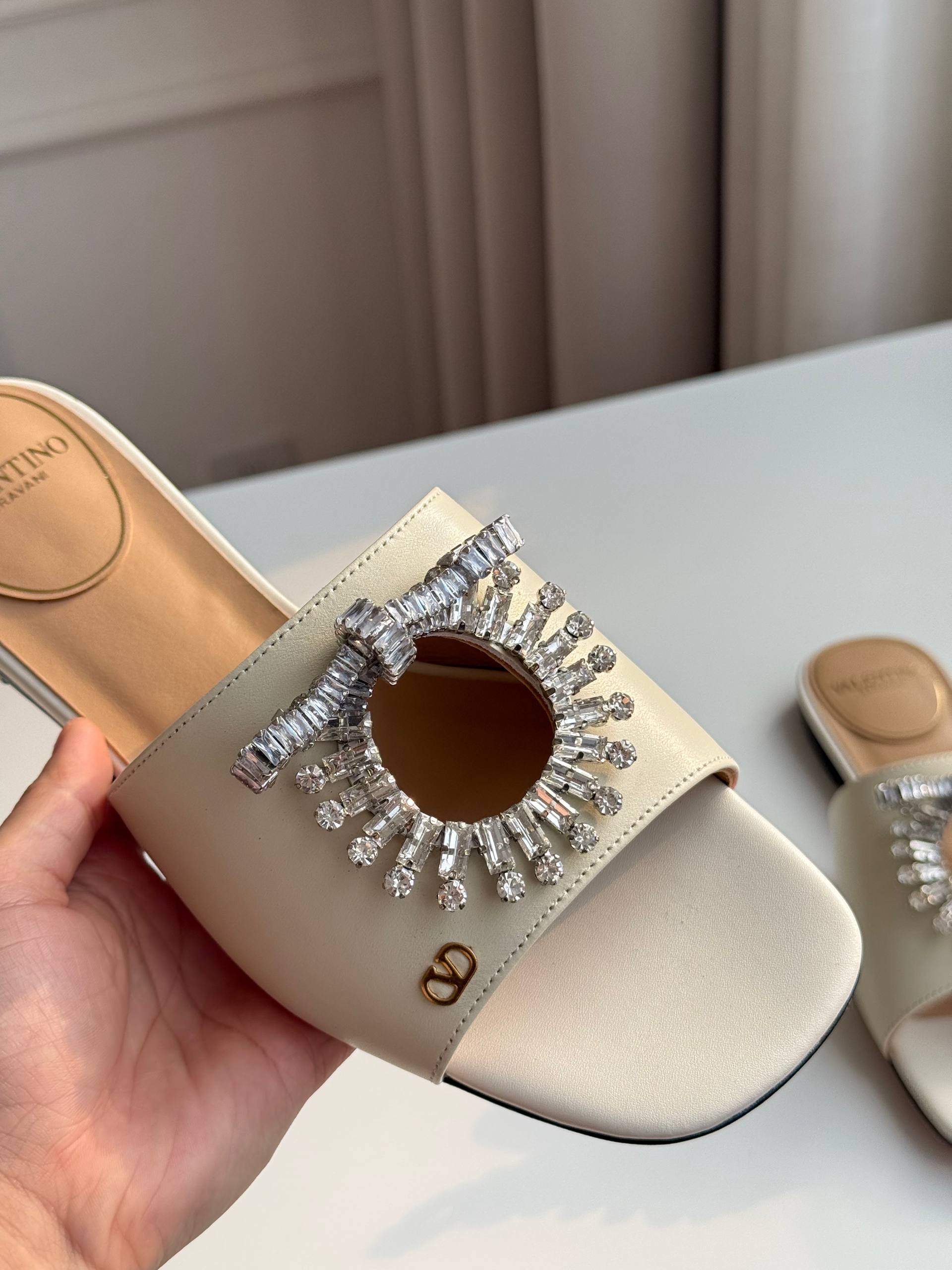Valentino Crystal Sun Bow Flat Slide Sandals