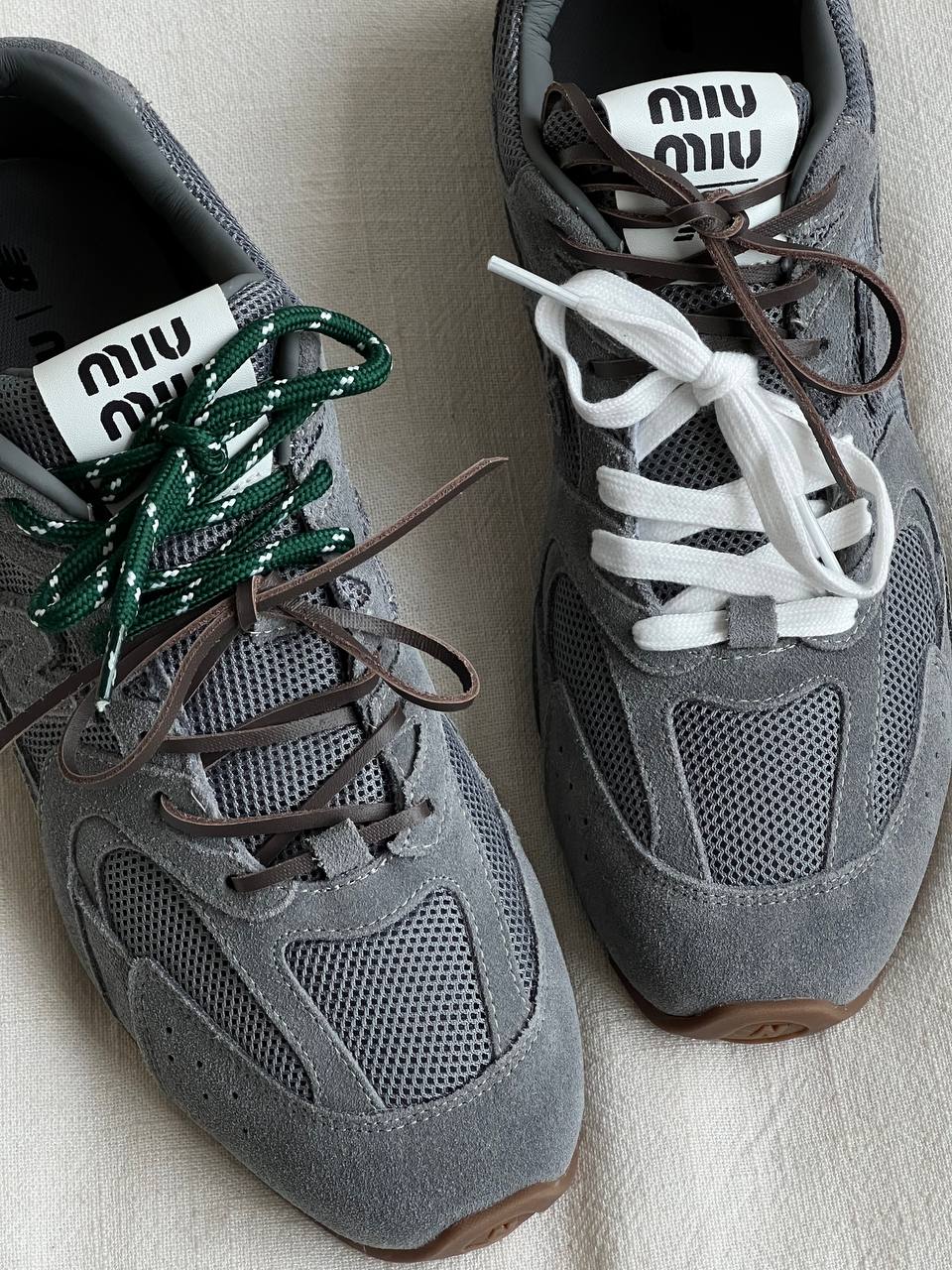 Miu Miu Grey Suede & Mesh Panel Triple Laces Retro Low Top Sneakers