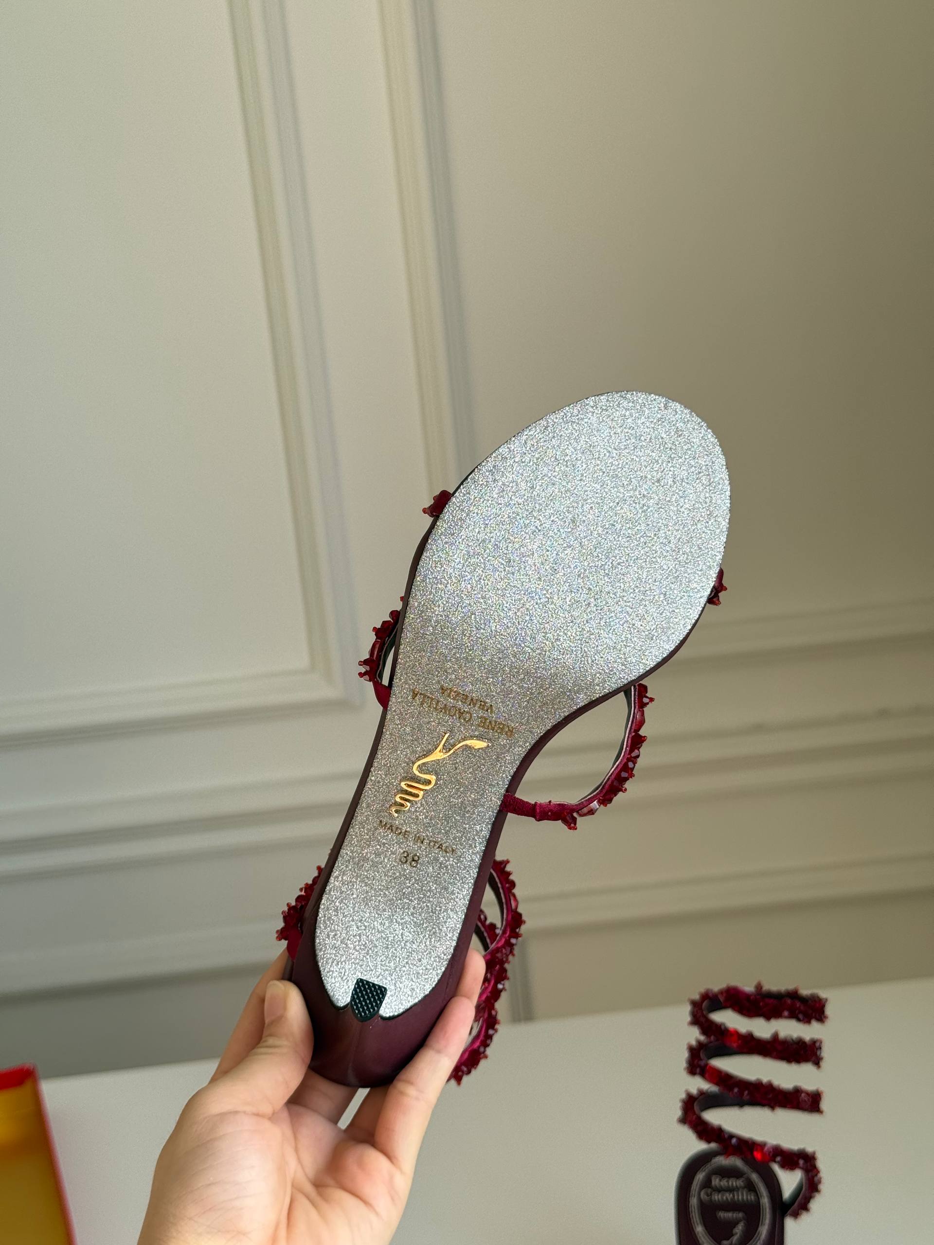René Caovilla Cleo Burgundy Crystal Coil Strap Sandals