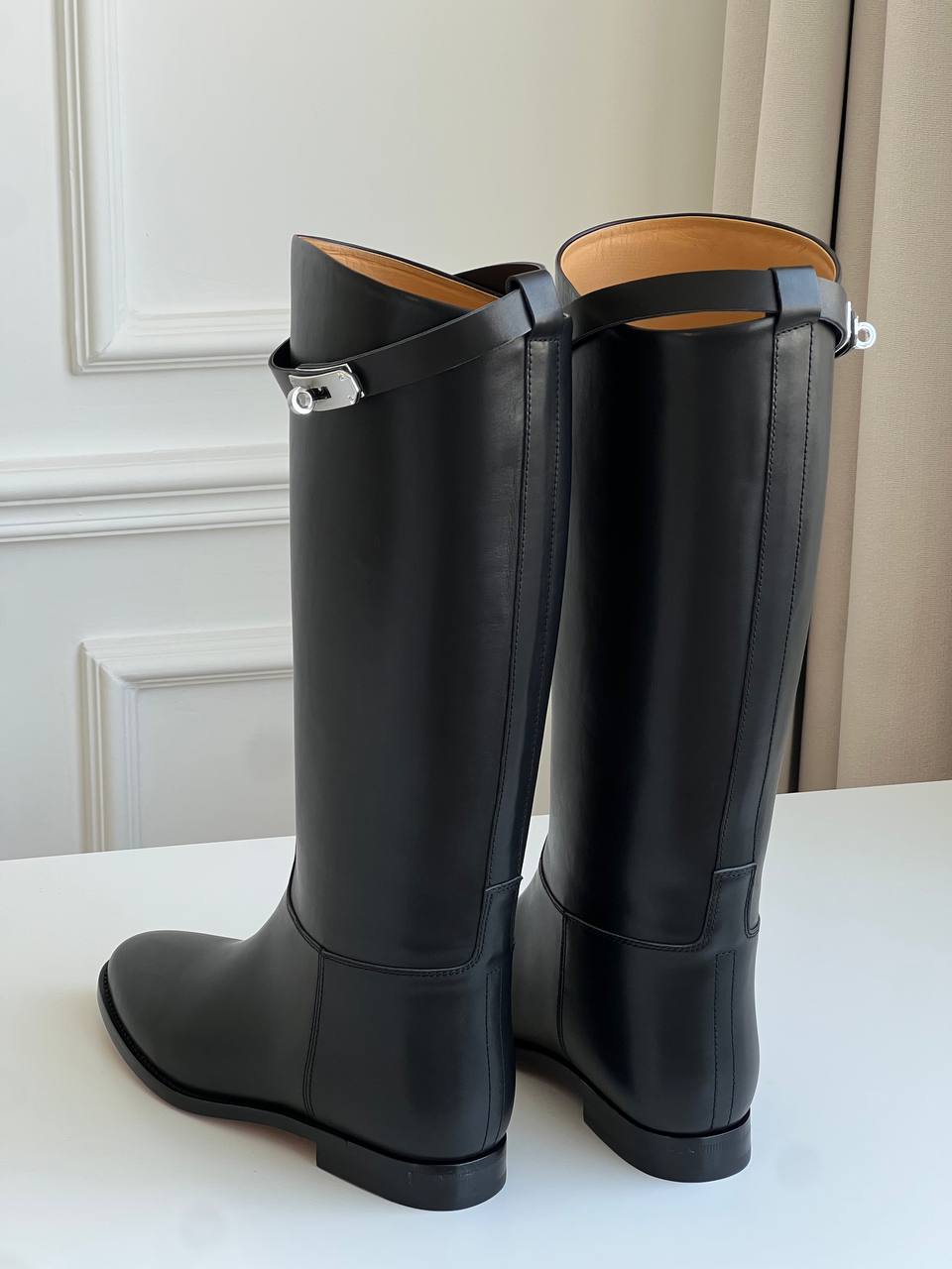 Black Smooth Leather Buckle Strap Low Heel Straight Knee-High Riding Boots