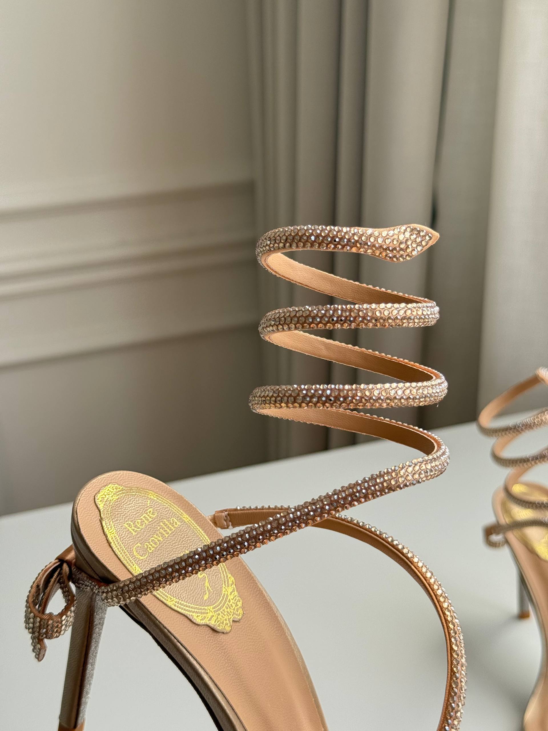 Rene Caovilla Cleo Series Nude Rhinestone Snake Wrap High-Heel Sandals