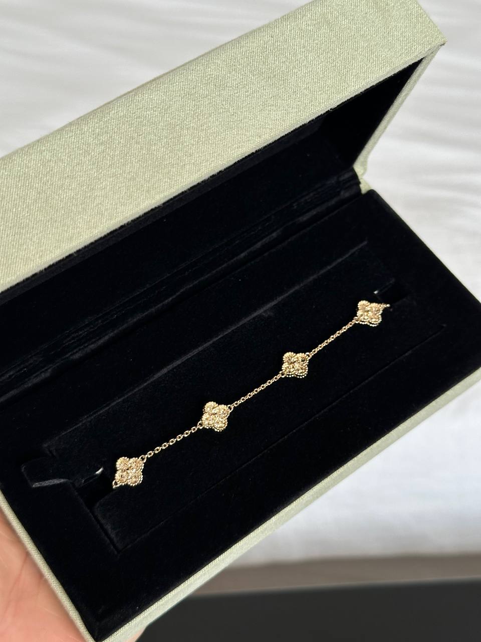 Chanel Gold Paved Crystal Four-Leaf Clover Thin Bracelet