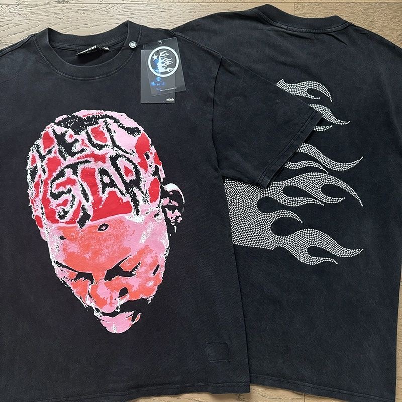 hellstar Stitched diamond side view, distressed casual round-neck short-sleeved T-shirt