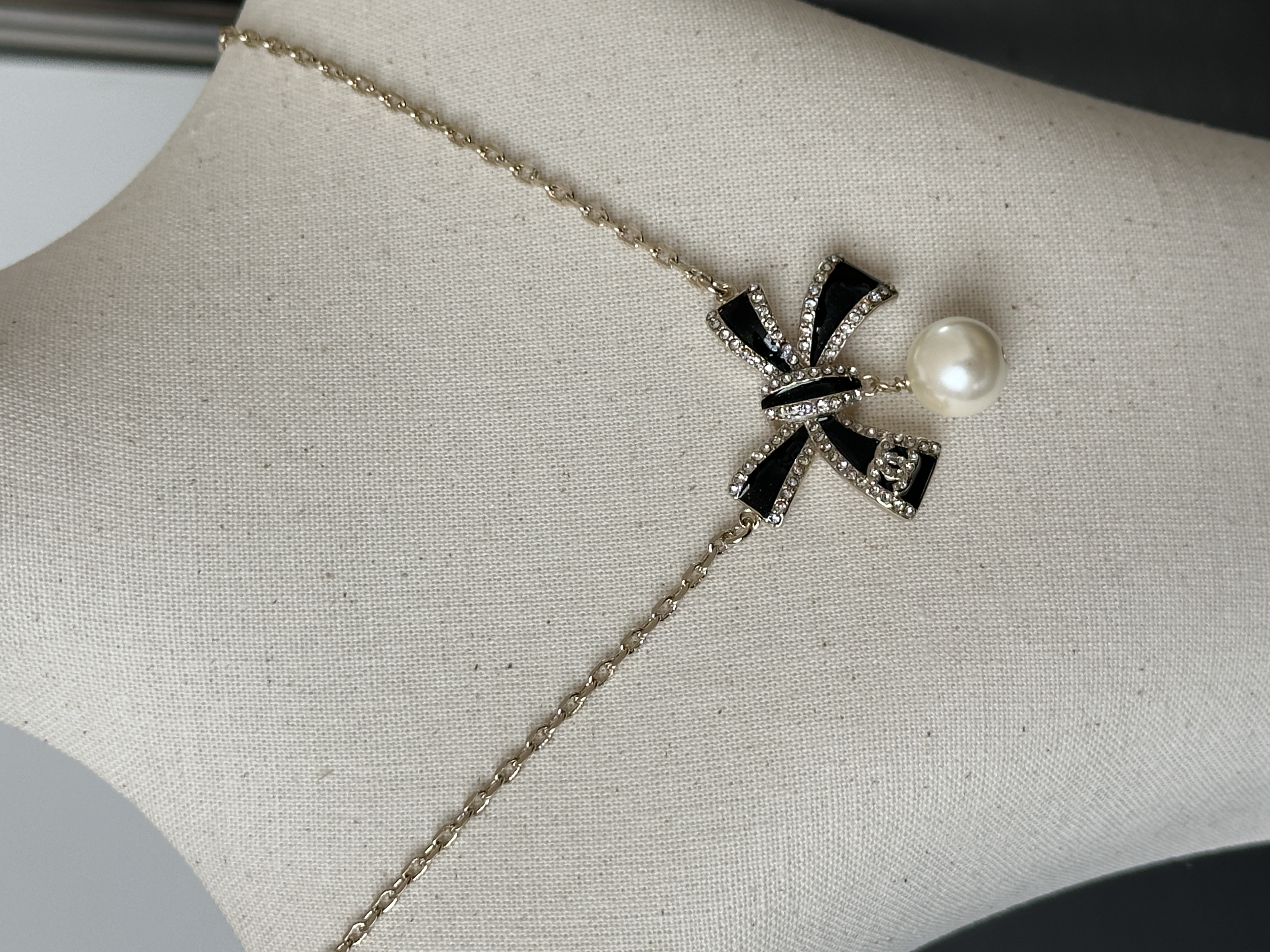 Chanel Bow Crystal Pearl Pendant Necklace