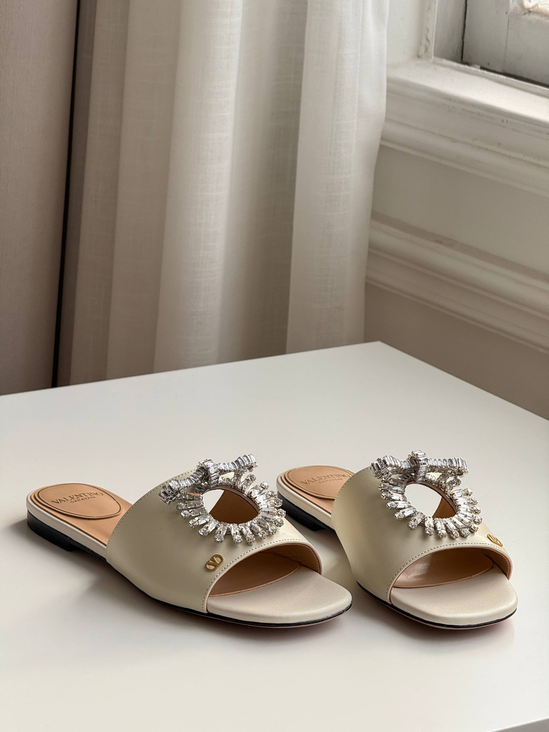 Valentino Crystal Sun Bow Flat Slide Sandals