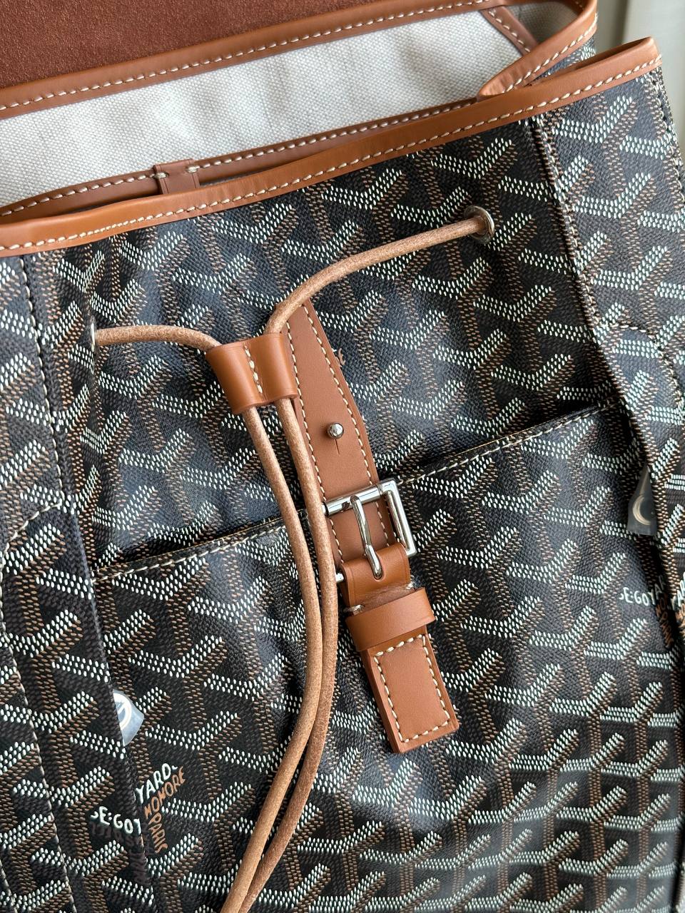 Goyard Black Goyardine Canvas Brown Leather Flap Drawstring Backpack