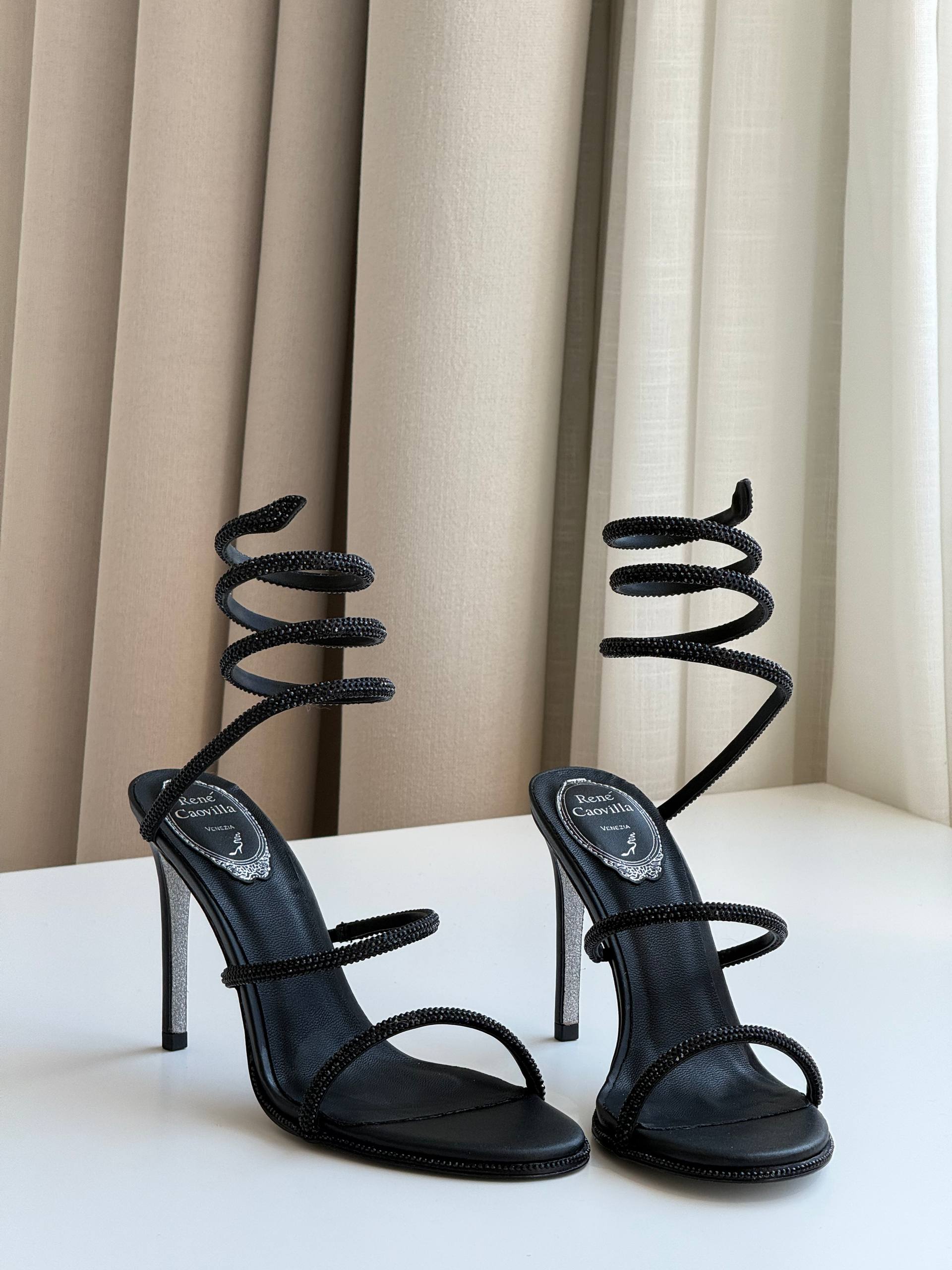 René Caovilla Cleo Black Crystal-Embellished Satin Sandals