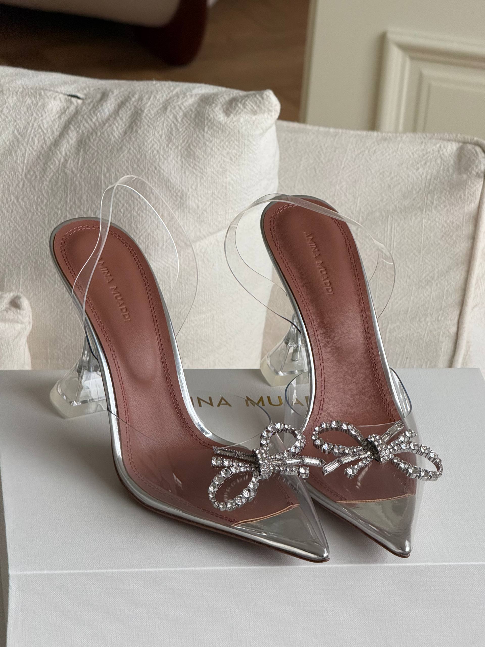 Clear PVC Pointed Toe Rhinestone Bow Crystal Heel Slingback Pumps