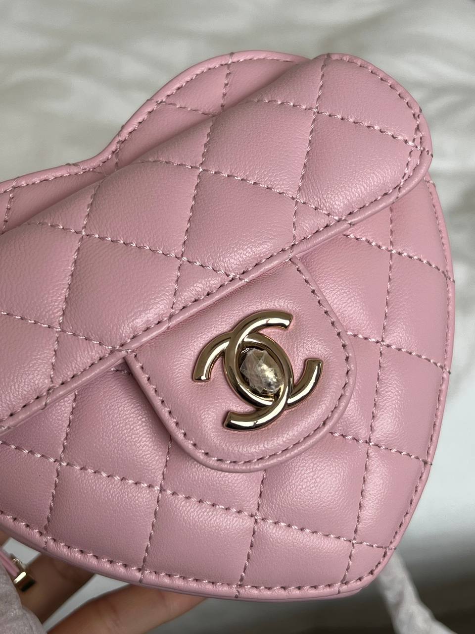 Chanel Pink Lambskin Quilted Heart Mini Crossbody Bag With Crystal Turnlock