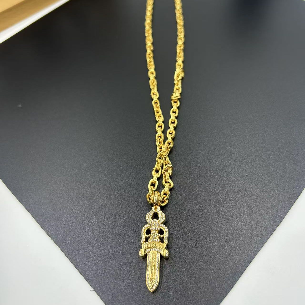 CHROME HEARTS 22K GOLD SWORD PENDANT NECKLACE WITH FULL DIAMOND EMBELLISHMENT