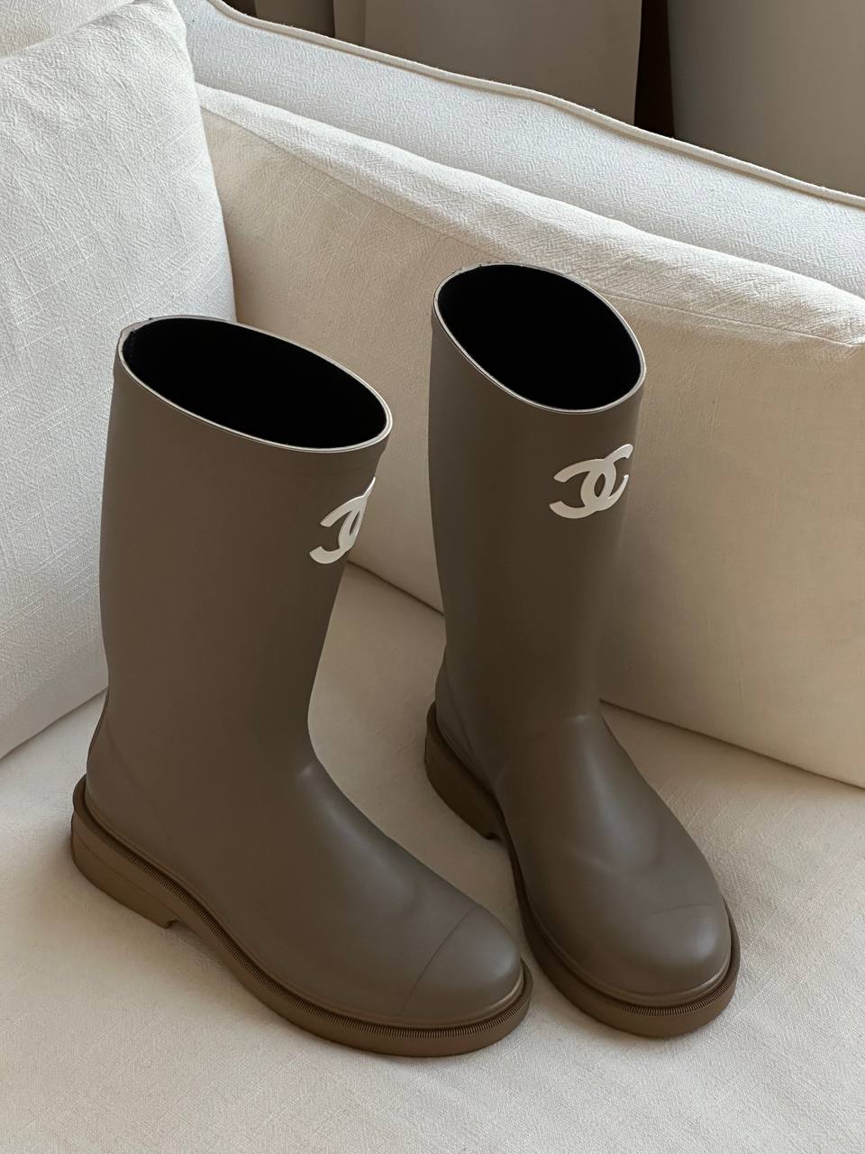 Chanel Mocha Brown CC Logo Block Heel Tall Waterproof Rain Boots