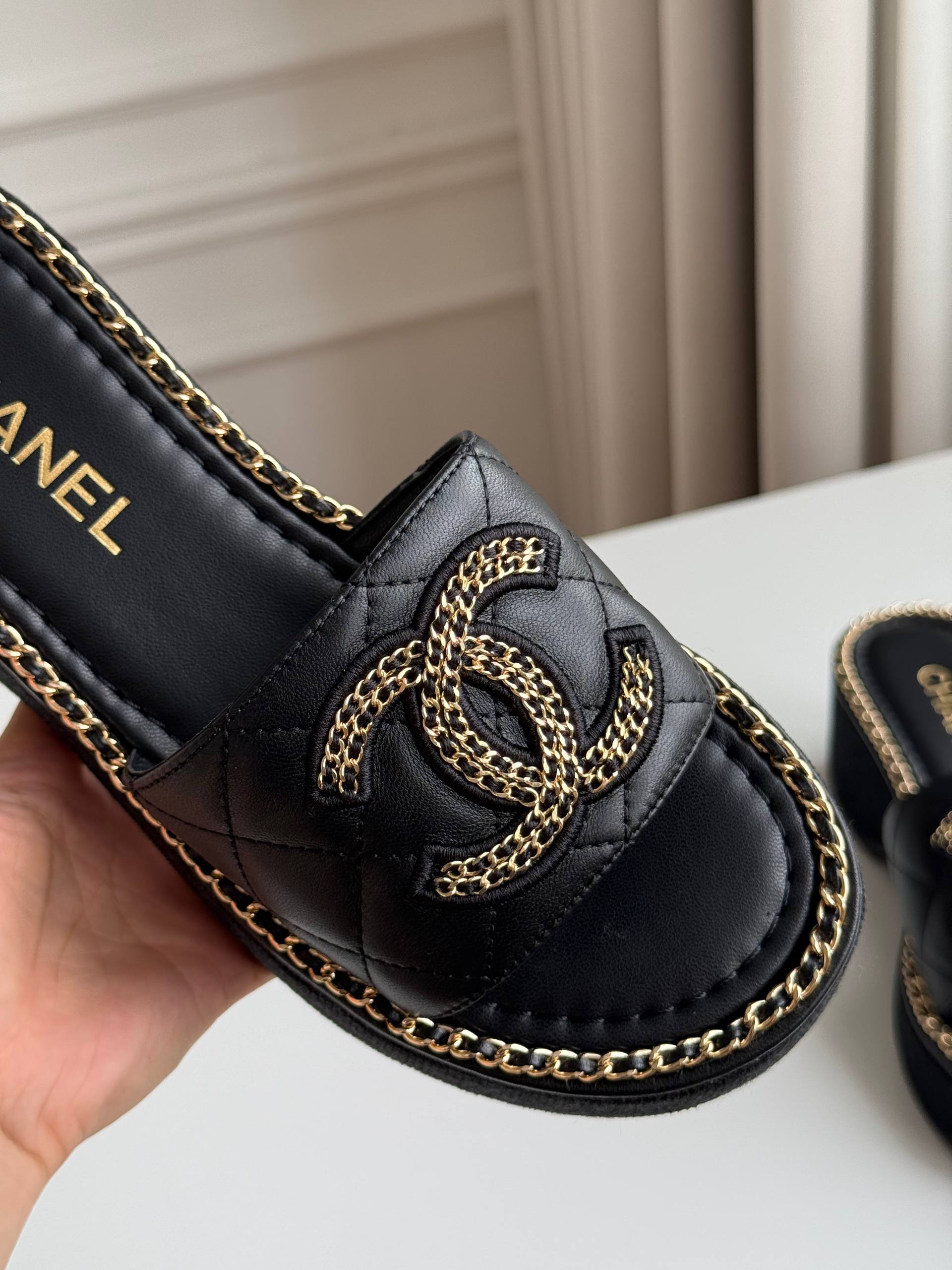 CHANEL Quilted Leather CC Logo Chain-Trim Wedge Slide Sandals