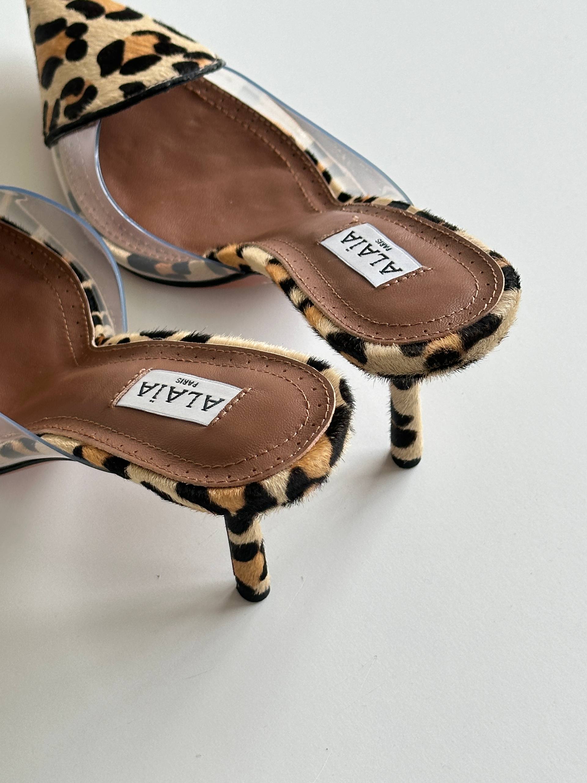 ALAÏA Leopard Print Calf Hair Pointed PVC Two-Strap Mule Heels