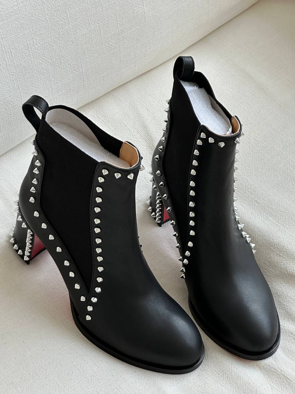 Christian Louboutin Black Smooth Calfskin Studded Block Heel Chelsea Ankle Boots