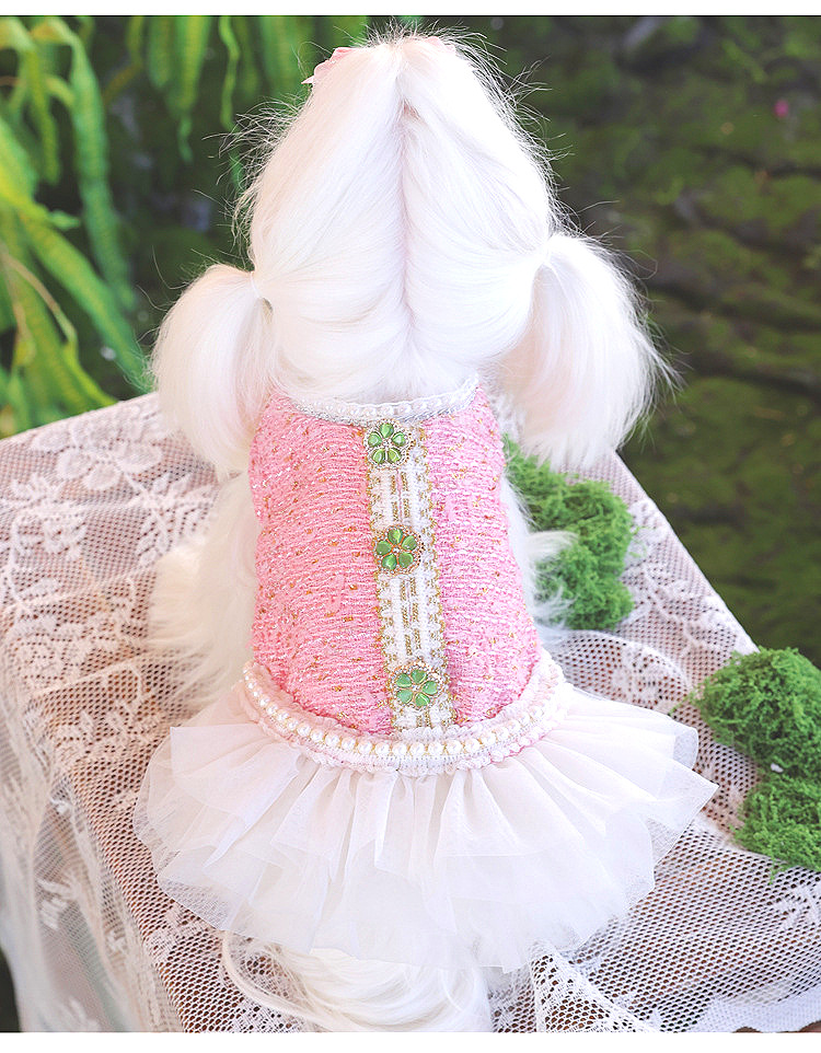 Pink Tweed Tulle Dress Pearl Embellished Outfit for Small Dogs Cats - MAISONKAIRON