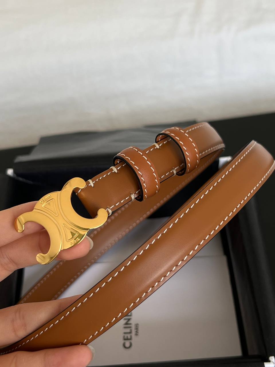 Celine Tan Smooth Calfskin Triomphe Gold Buckle Thin Belt