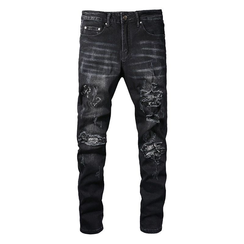No. 829 Bandana Letters Ripped Jeans Black