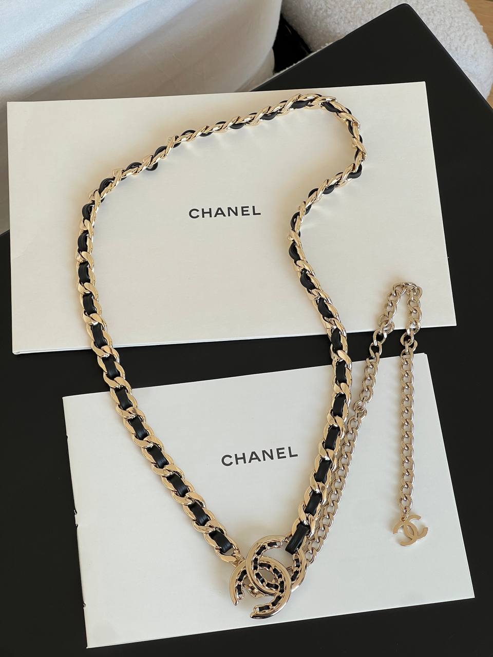 Chanel Leather Interwoven Metal Chain CC Pendant Necklace