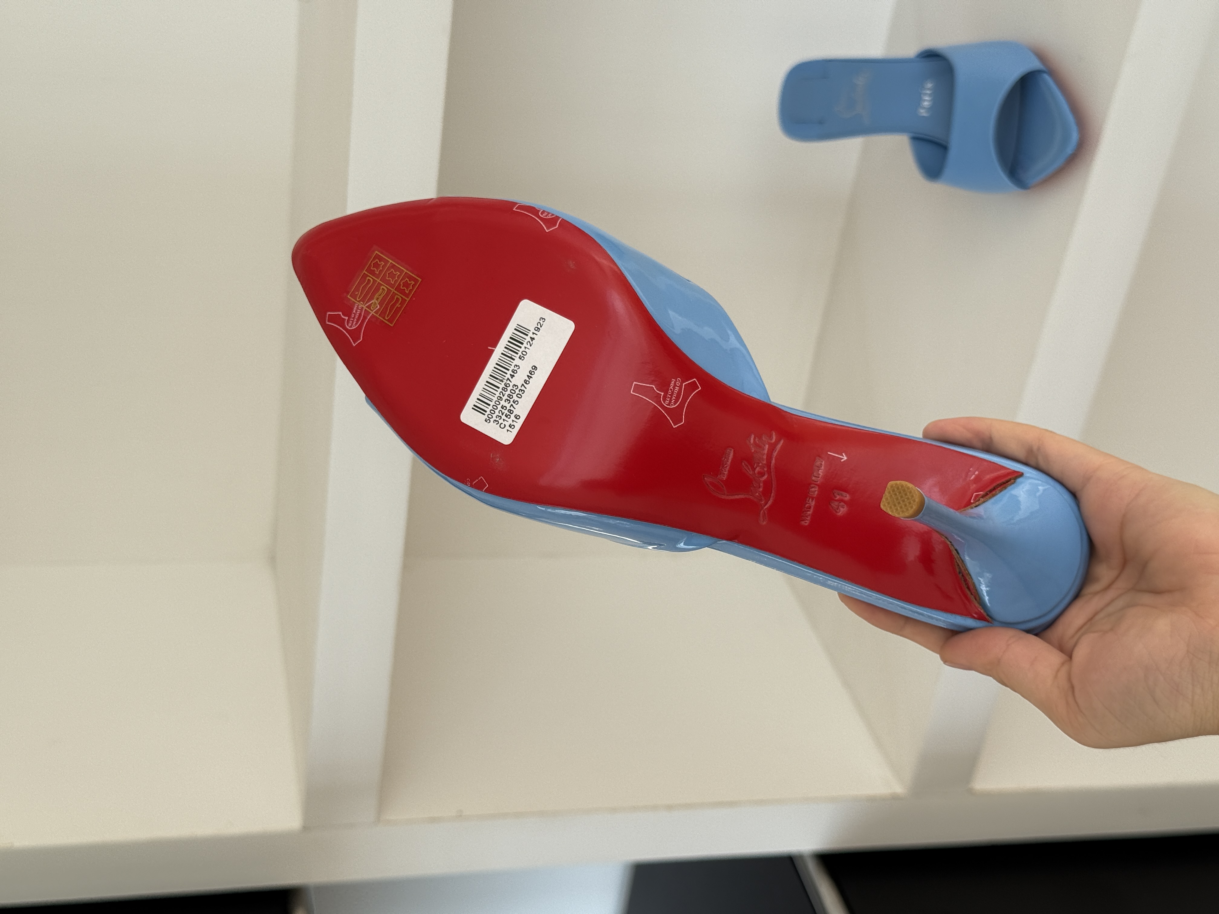 Christian Louboutin Ice blue patent leather mules with red soles