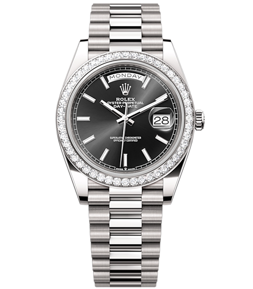Rolex Day-Date 40 Presidential Black dial, Diamond Bezel, President bracelet, White gold Watch【1:1 Replica】