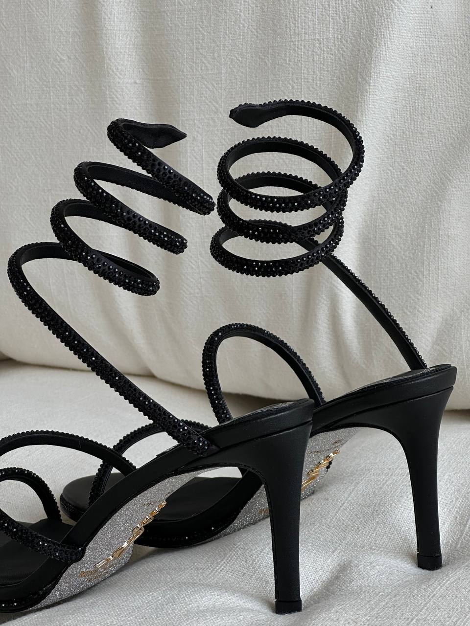 Rene Caovilla Black Crystal Snake-wrap Strap Open-toe Stiletto Heel Sandals