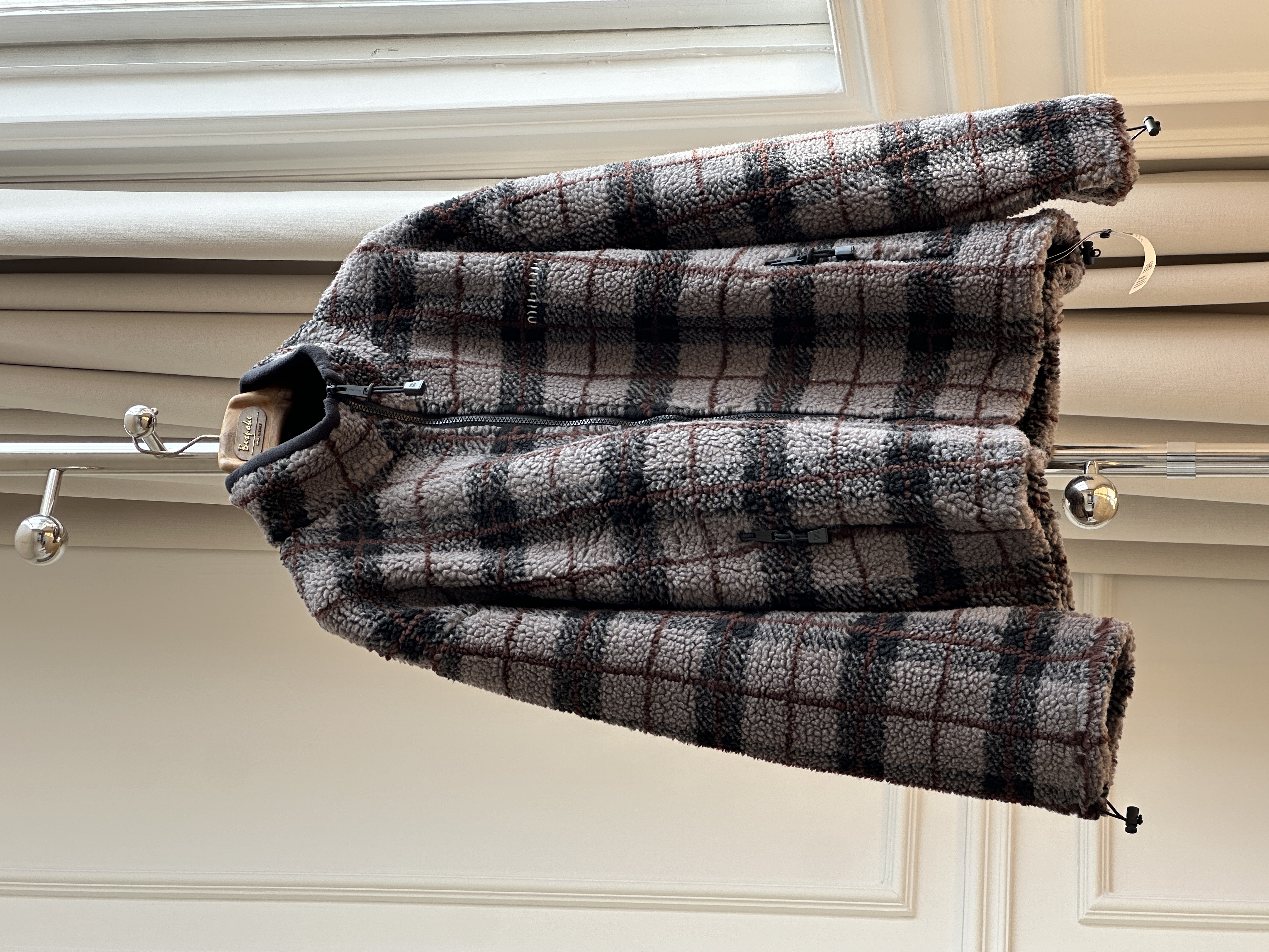 Grey Brown Vintage Plaid Stand Collar Full Zip Fleece Drawstring Hem Casual Short Jacket