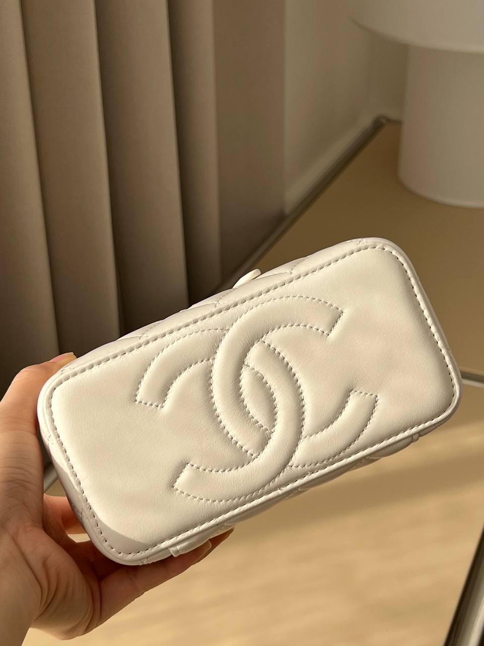 Chanel Cream White Smooth Lambskin Quilted Vanity Case Bag With Top Handle & Interwoven Chain Strap