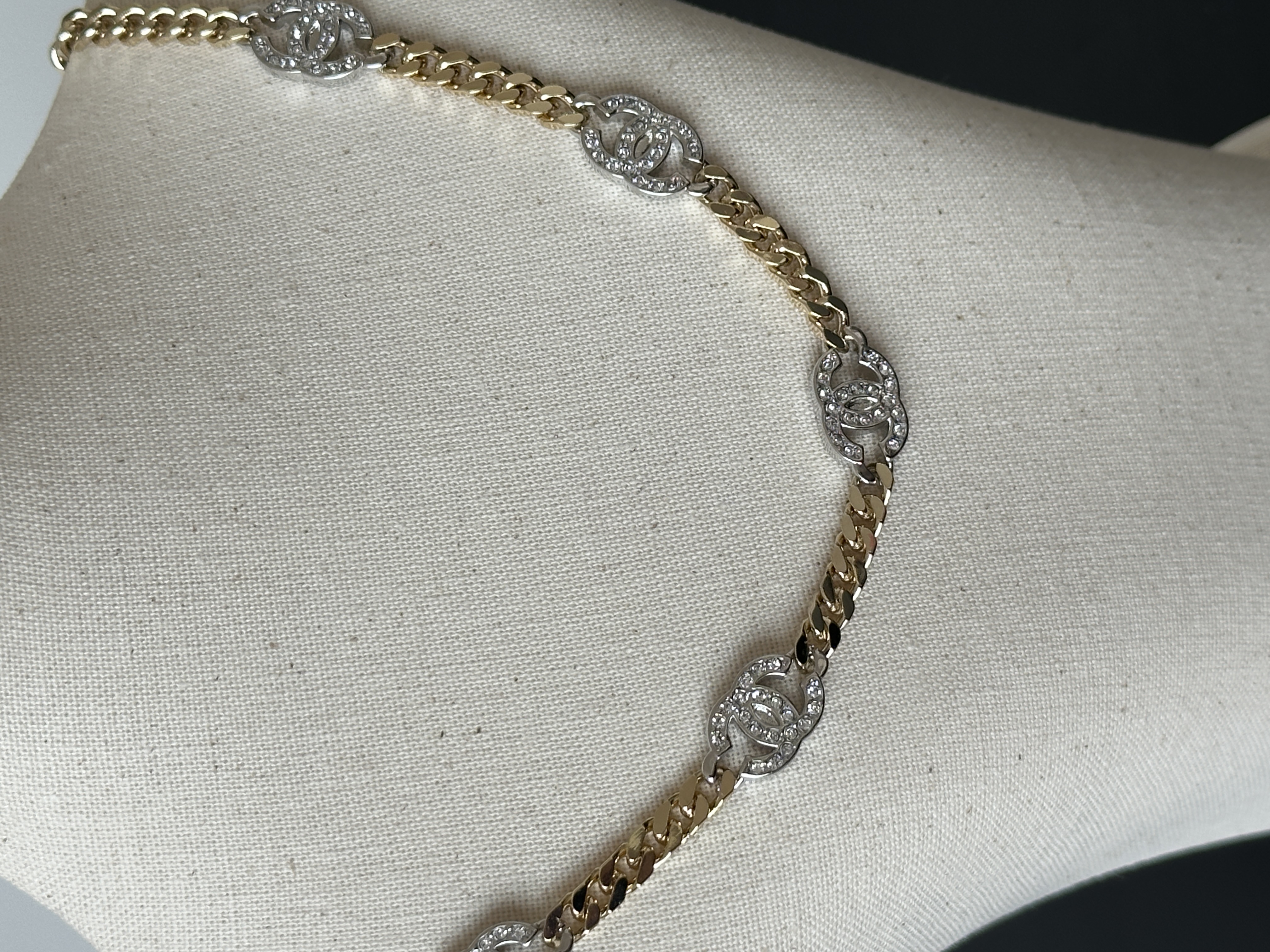 Chanel Two-Tone Gold & Silver Cuban Chain Interlocking CC Link Choker Necklace