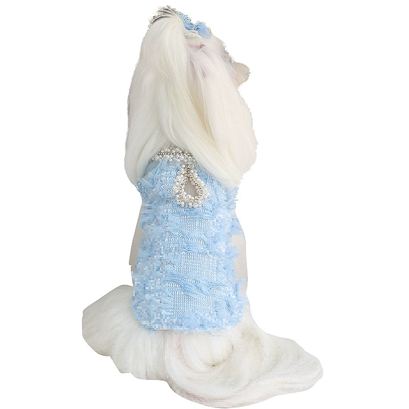 Light Blue Tweed Pearl Bow Dress Frayed Edge Elegant Formal Outfit for Small Dogs Cats - MAISONKAIRON