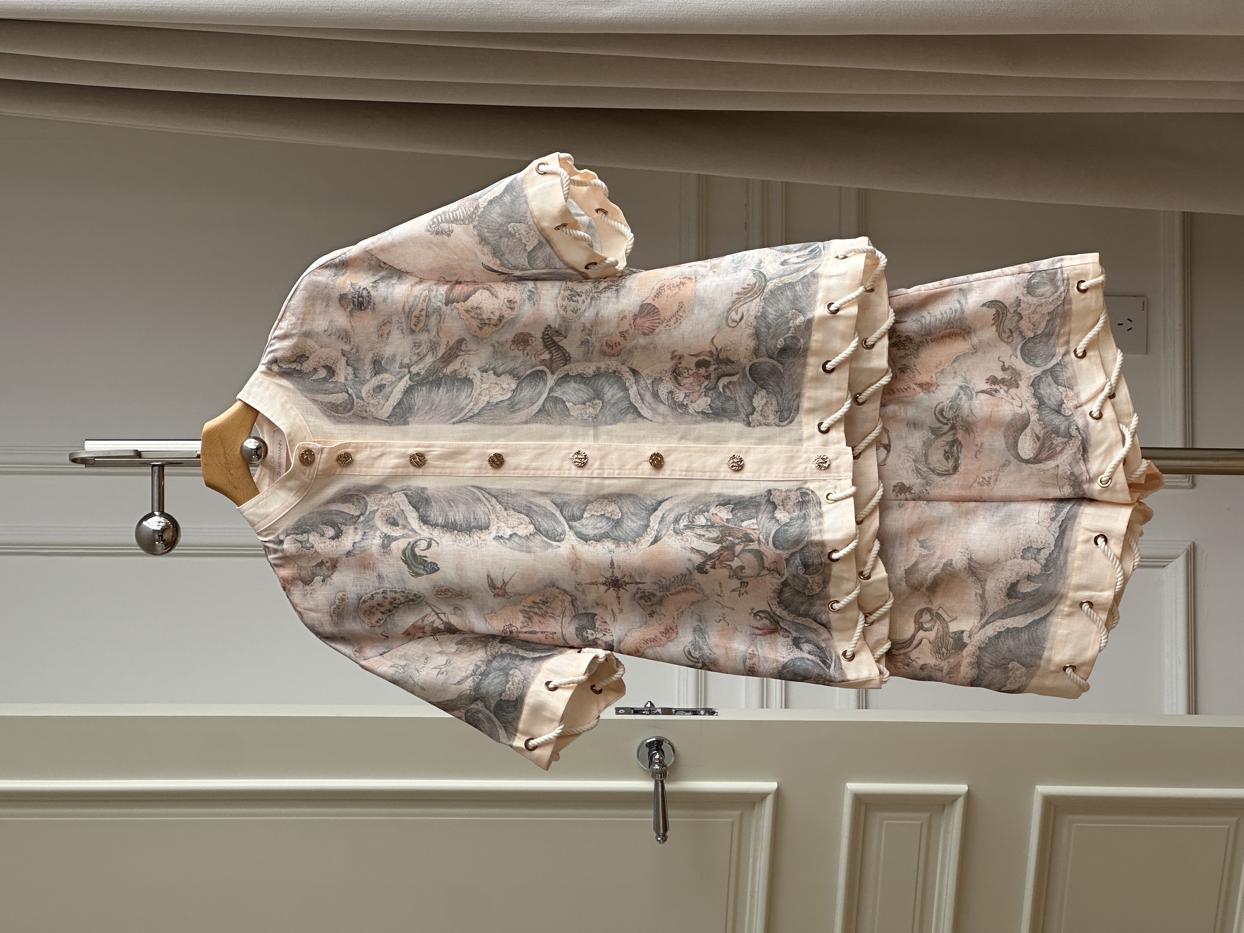 Vintage Ocean Mermaid Print Stand Collar Shirt & Shorts Two-piece Set